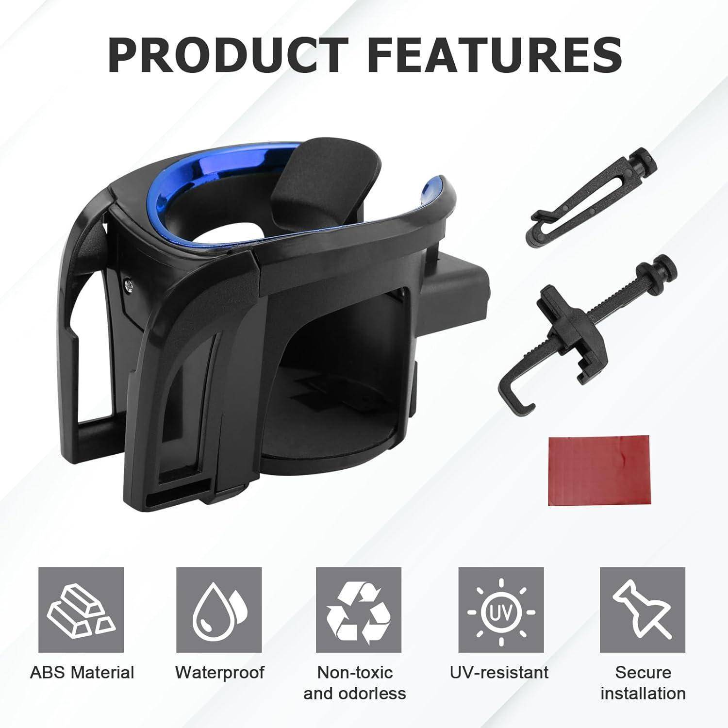 Produktmerkmale-Bild mit einem schwarzen Getränkehalter-Zubehör mit Befestigungsclips und Polster; behauptet ABS-Material, wasserdicht, ungiftig und geruchlos, UV-beständig und sichere Installation.