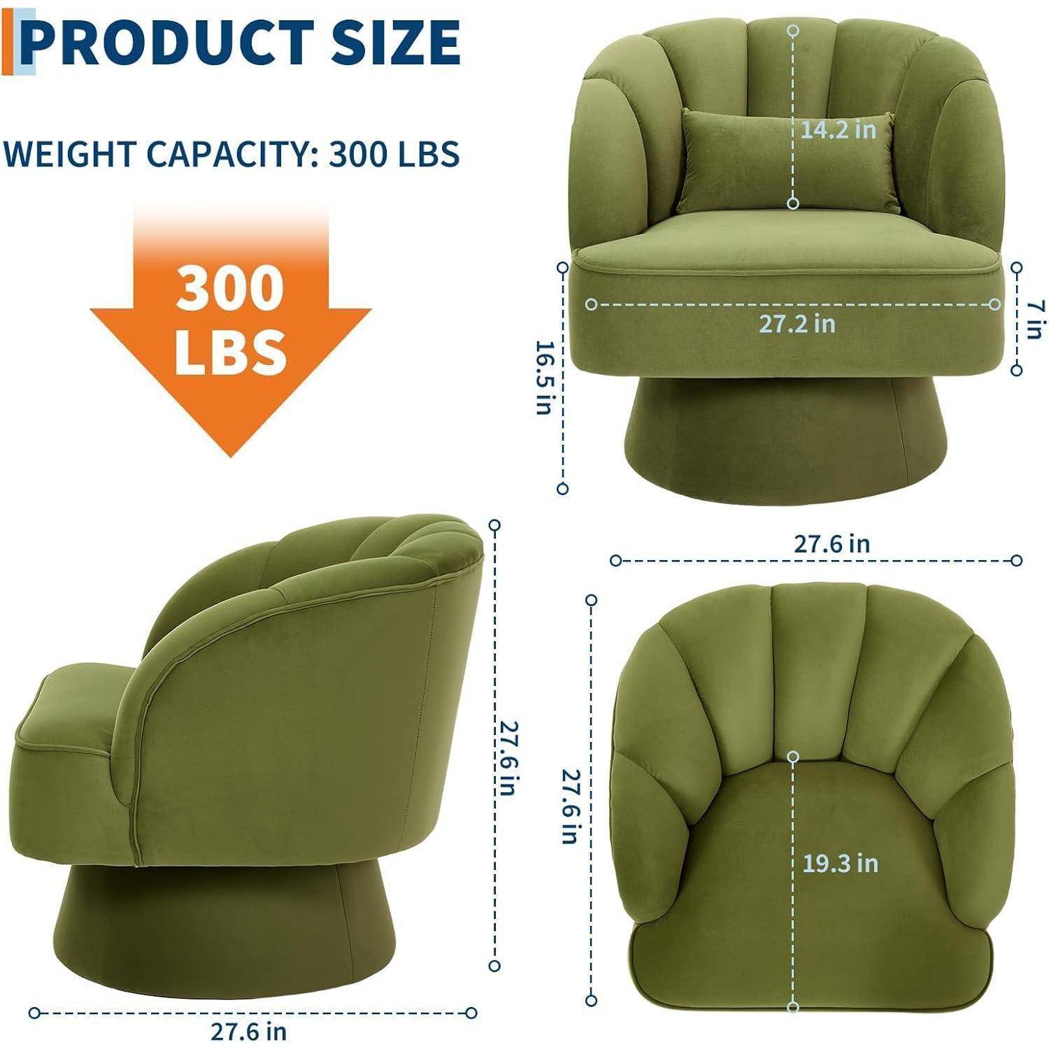 Produktgrößendiagramm für einen grünen Drehstuhl: Tragfähigkeit 300 lbs, 27,6 Zoll breit, 27,6 Zoll tief, 27,6 Zoll hoch, mit Sitzbreite 27,2 Zoll und Sitzhöhe 16,5 Zoll.