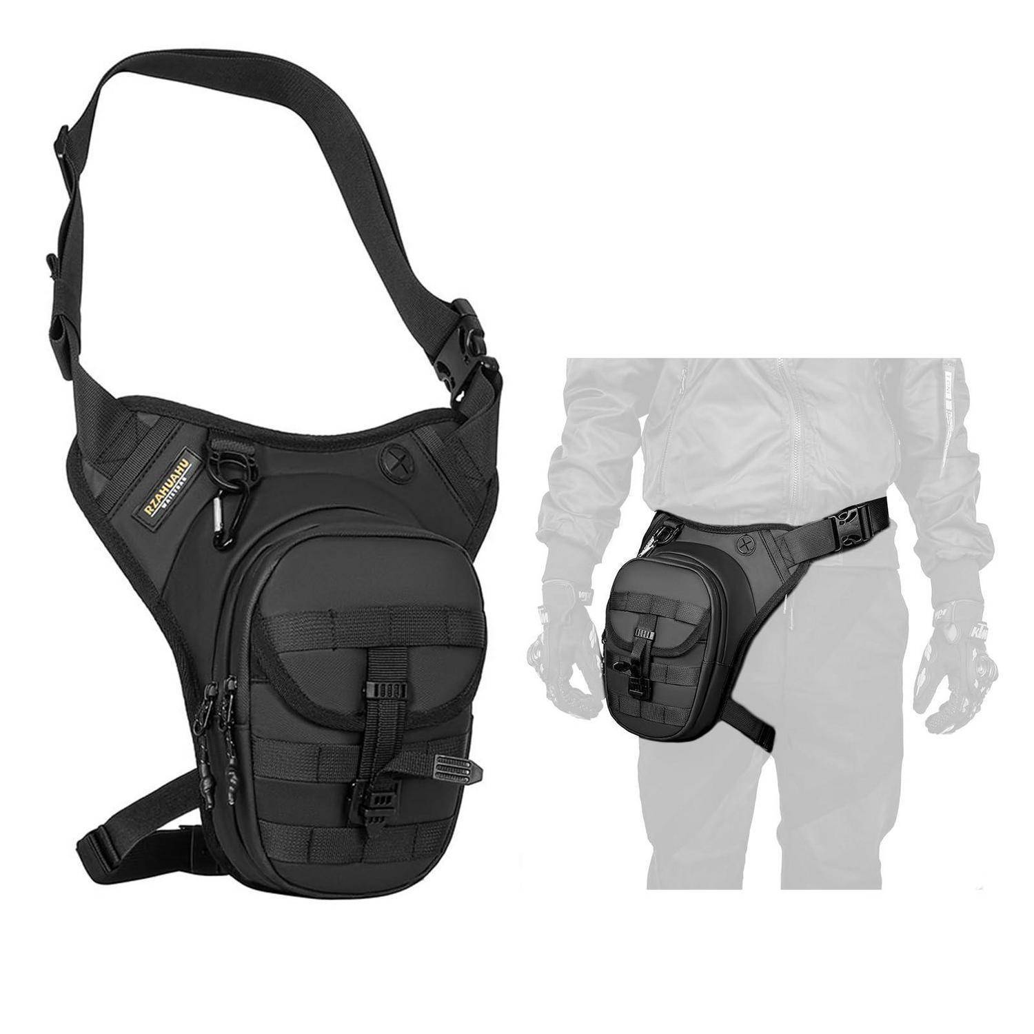 Schwarze taktische Sling-Tasche mit verstellbarem Schultergurt und vorderen Taschen, getragen auf der Hüfte eines Models als kompakter Crossbody-Rucksack.