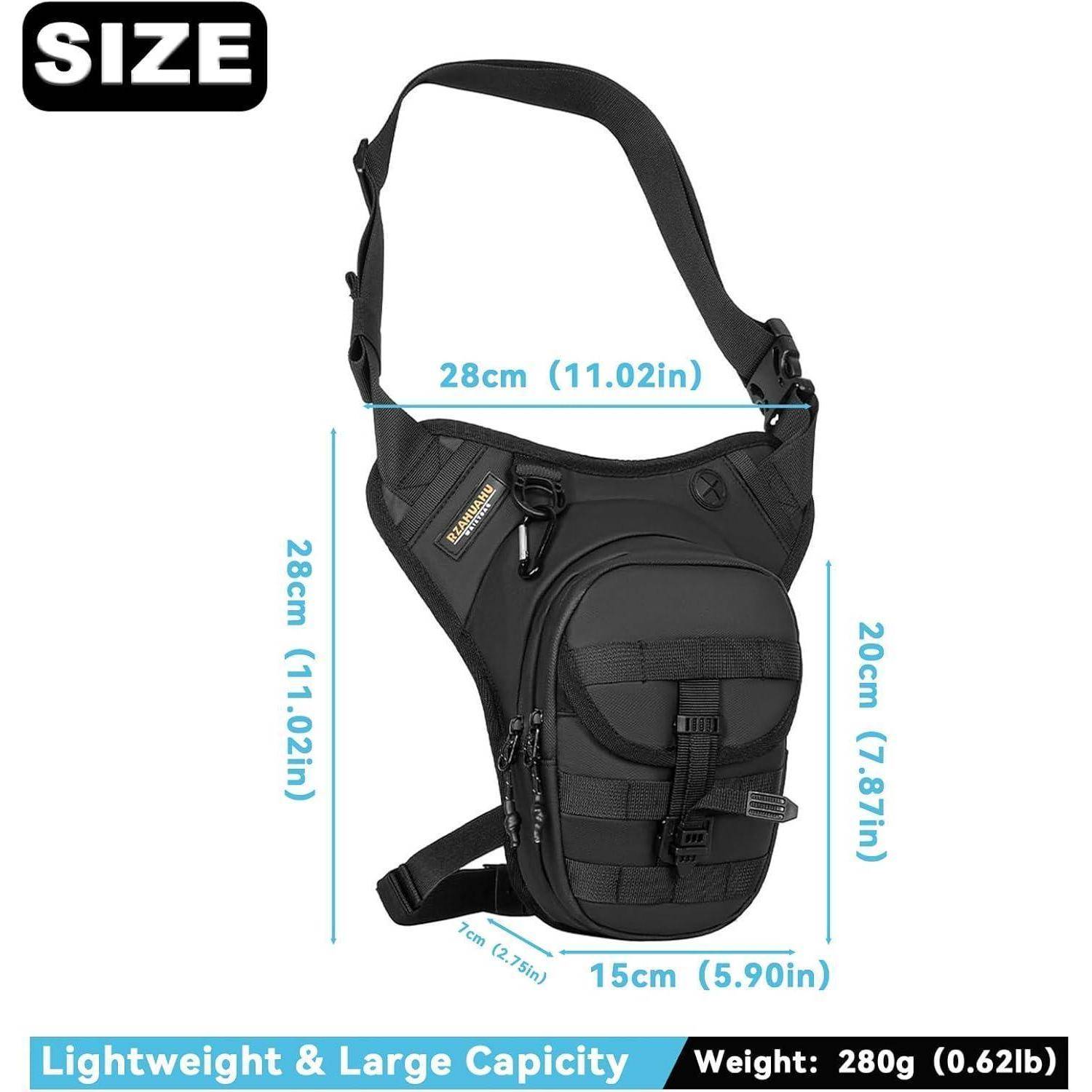 Größendiagramm eines schwarzen taktischen Umhängetaschenrucksacks mit den Abmessungen 28 cm Höhe, 28 cm Breite, 20 cm Tiefe und 15 cm Basis, beschriftet mit "Leicht & großes Fassungsvermögen"" und Gewicht 280 g.