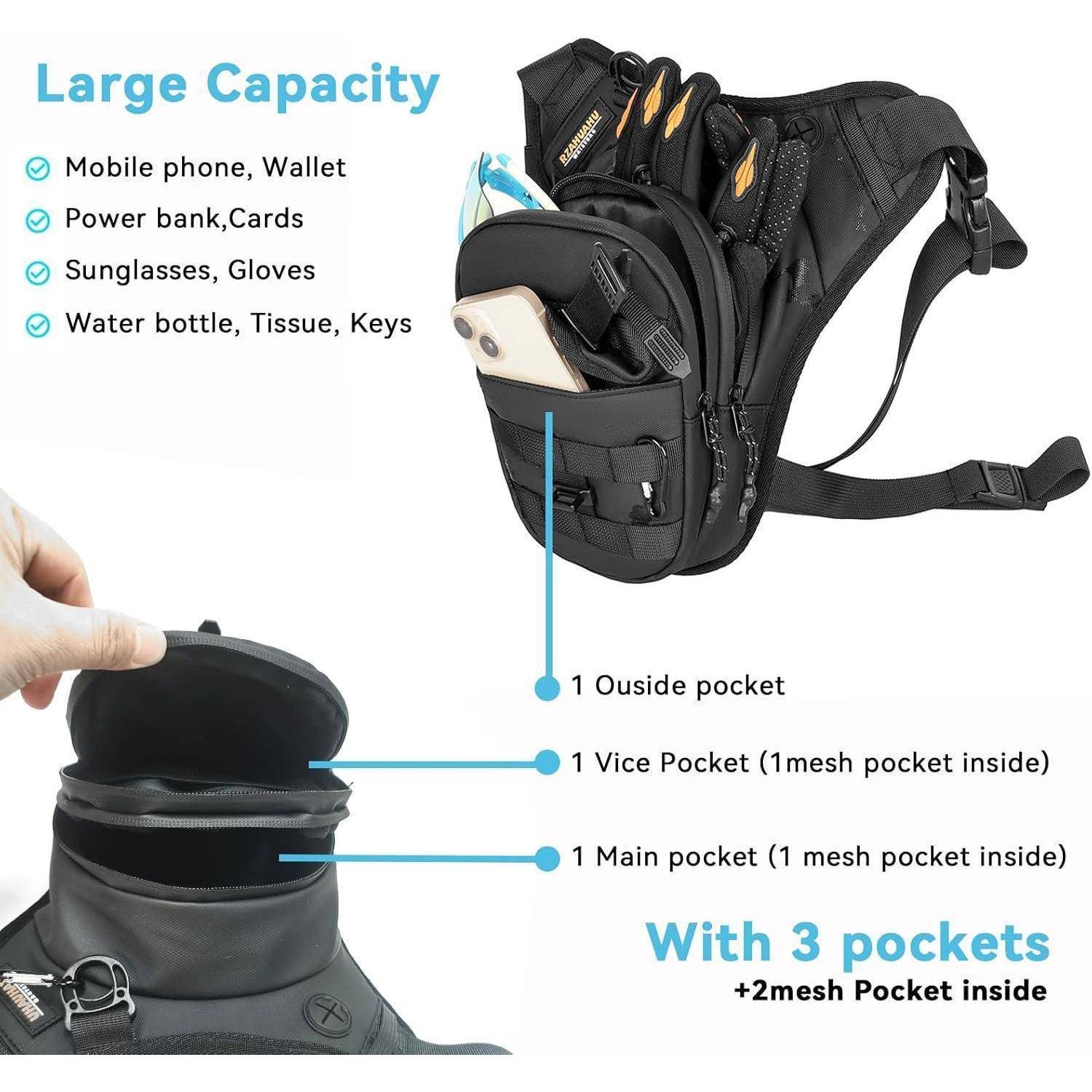Werbebild einer schwarzen Umhängetasche mit "Großer Kapazität"" und 3 Taschen, mit Beschriftungen für Außentasche, Nebentasche und Haupttasche; zeigt Artikel wie Telefon, Geldbeutel, Powerbank, Karten, Sonnenbrille, Handschuhe und Wasserflasche.