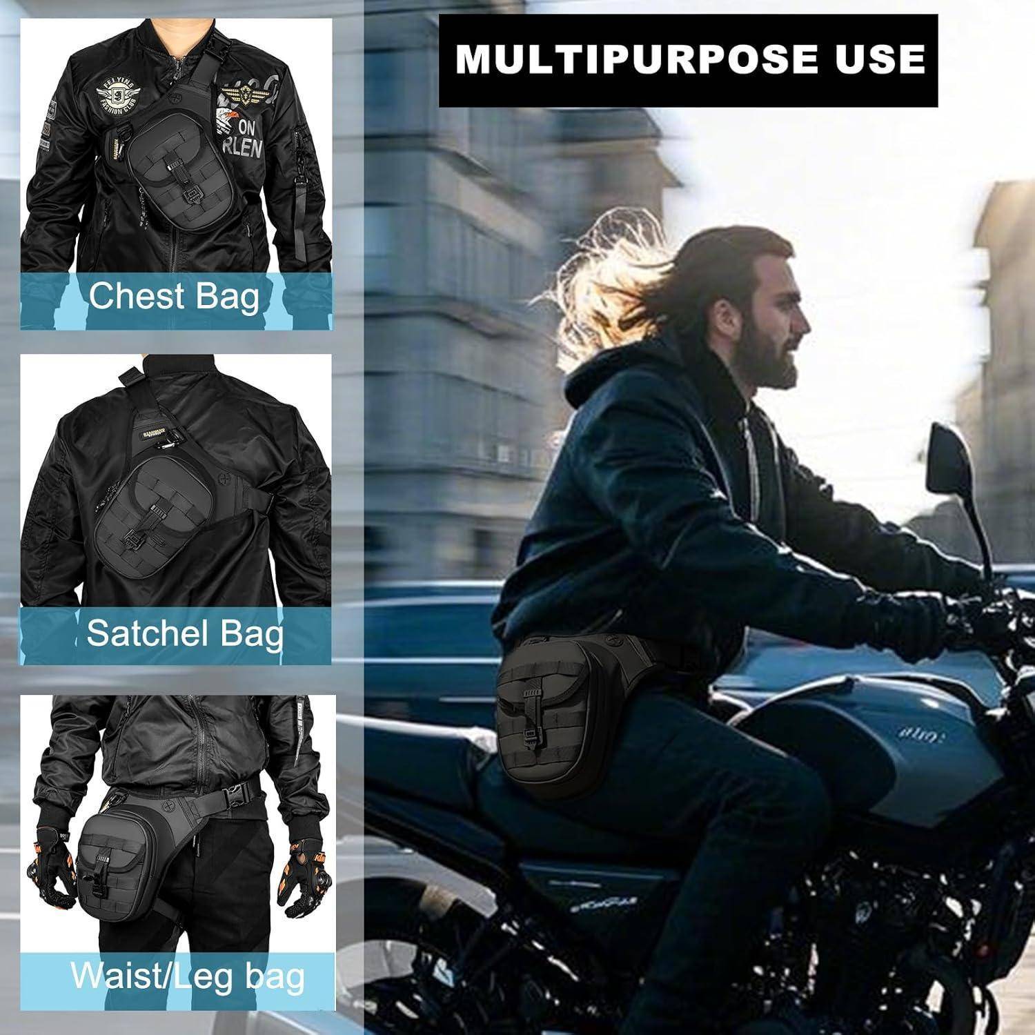 Mehrzwecktasche, die als Brustbeutel, Umhängetasche oder Hüft-/Beinbeutel getragen wird, mit einem Fahrer, der sie auf einem Motorrad unter dem Titel „VIELSEITIGE VERWENDUNG" nutzt.