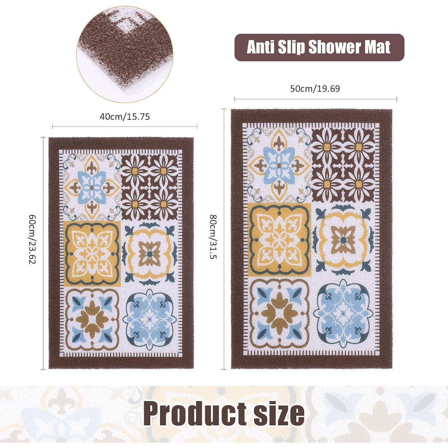 Produktgrößenvergleich für eine rutschfeste Badewannenmatte, gezeigt in zwei Größen: 40 x 60 cm und 50 x 80 cm, mit gemustertem Design.