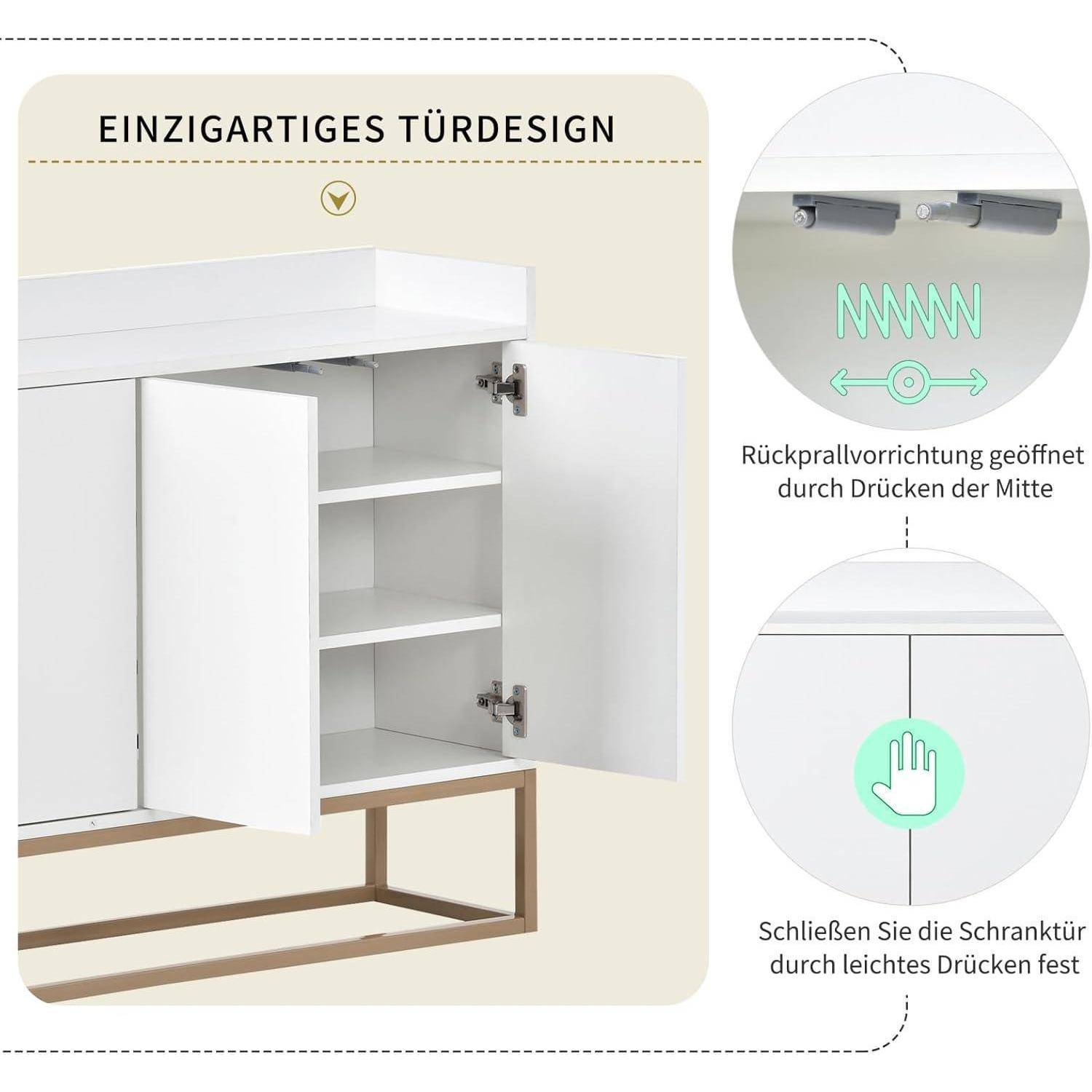 Diagramm, das einen Schrank mit einem einzigartigen Türdesign zeigt: Drücken Sie die Mitte, um die Soft-Close-Drucköffnungsverriegelung zu öffnen, und drücken Sie leicht, um die Tür zu schließen.