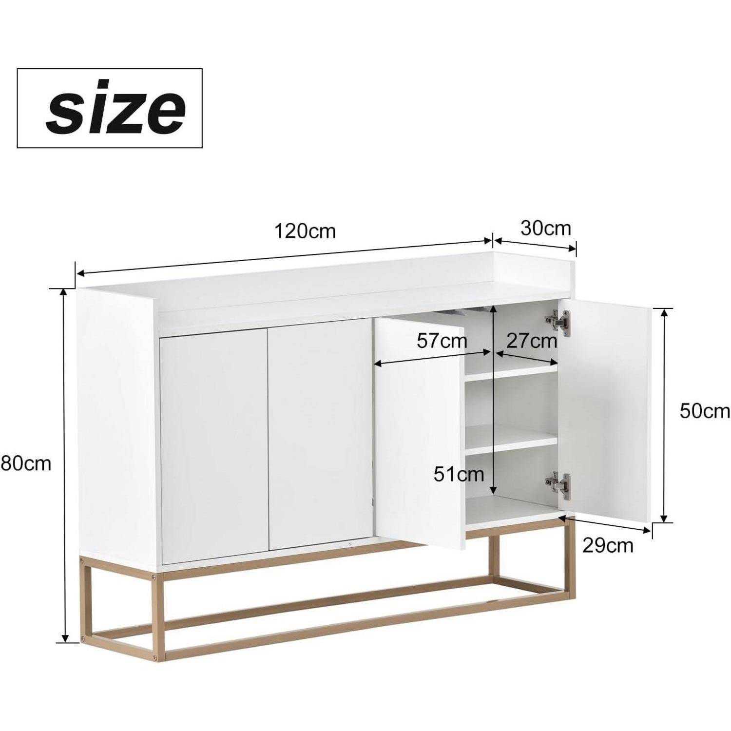 Dimensionszeichnung eines weißen Schranks mit der Bezeichnung „Größe", die die Gesamtbreite von 120 cm, Tiefe von 30 cm, Höhe von 80 cm sowie ein offenes Seitenkompartiment mit einer Höhe von 50 cm und Regalmessungen zeigt.