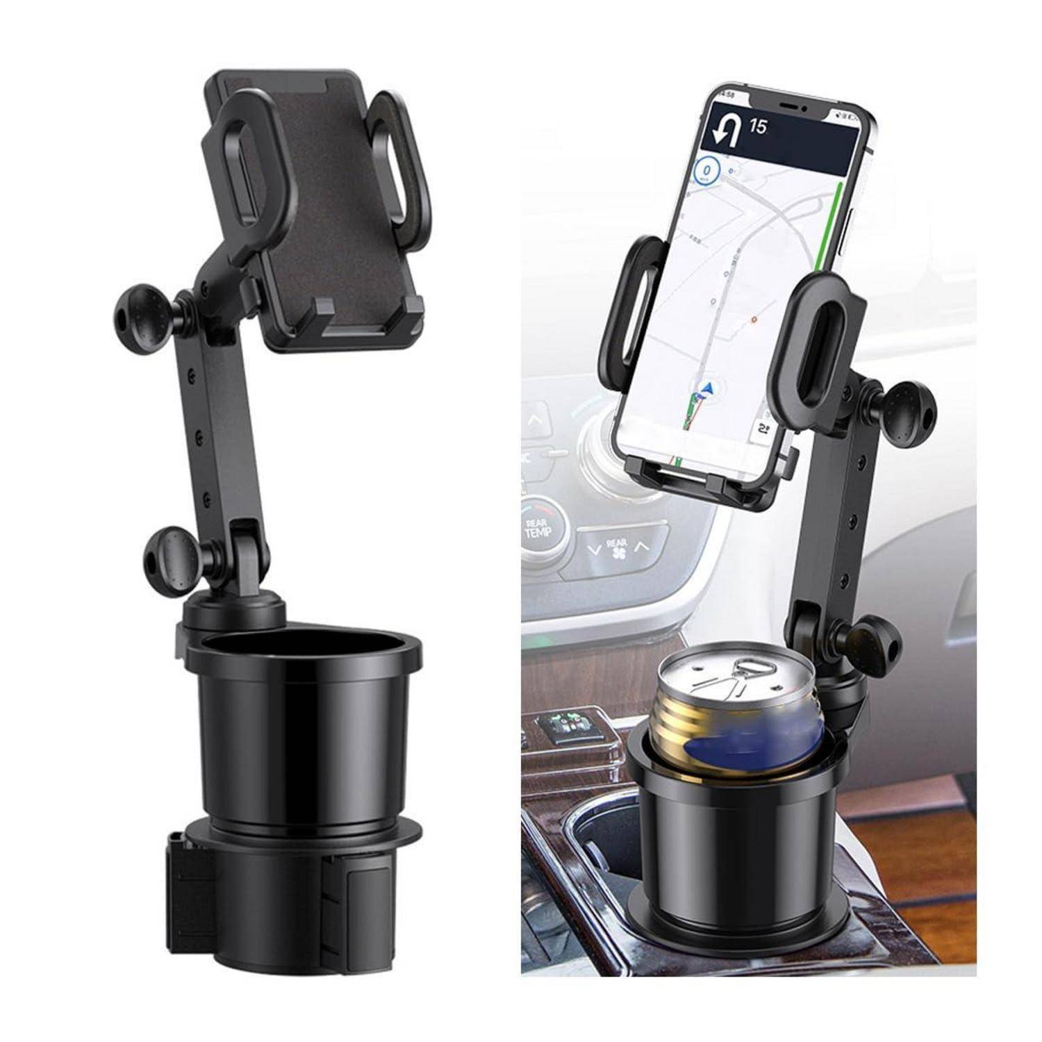 Handy-Halterung für Getränkehalter im Auto mit verstellbarem Arm und Halterung, abgebildet mit einem Smartphone über einem integrierten Getränkehalter in einer Autokonsole.