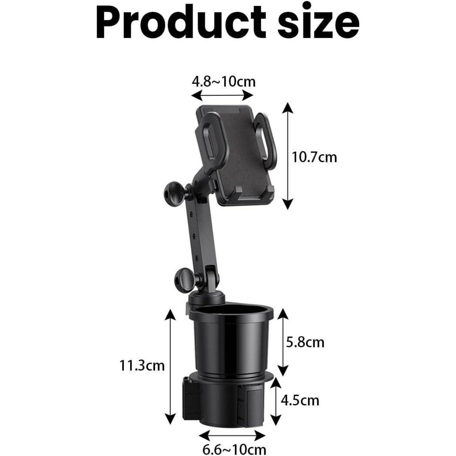 Produktgrößendiagramm für eine Autotelefonhalterung und einen Getränkehalter mit einstellbarer Telefonklemme und Getränkehalter-Abmessungen: 4,8–10 cm breit, 10,7 cm hoch, 11,3 cm Gesamthöhe, 5,8 cm Becherbereich, 4,5 cm Basis, 6,6–10 cm breit.