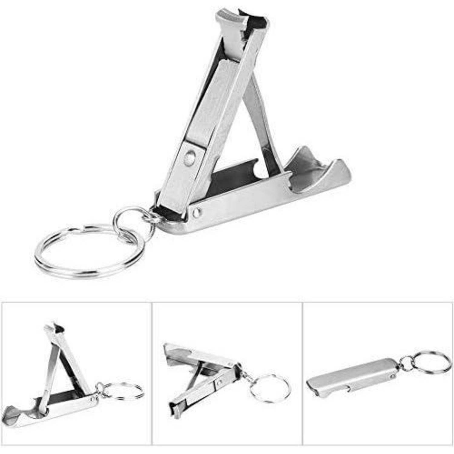 Metall-Nagelknipser Schlüsselanhänger mit Schlüsselring, dargestellt in offener und zusammengeklappter Ansicht auf weißem Hintergrund.