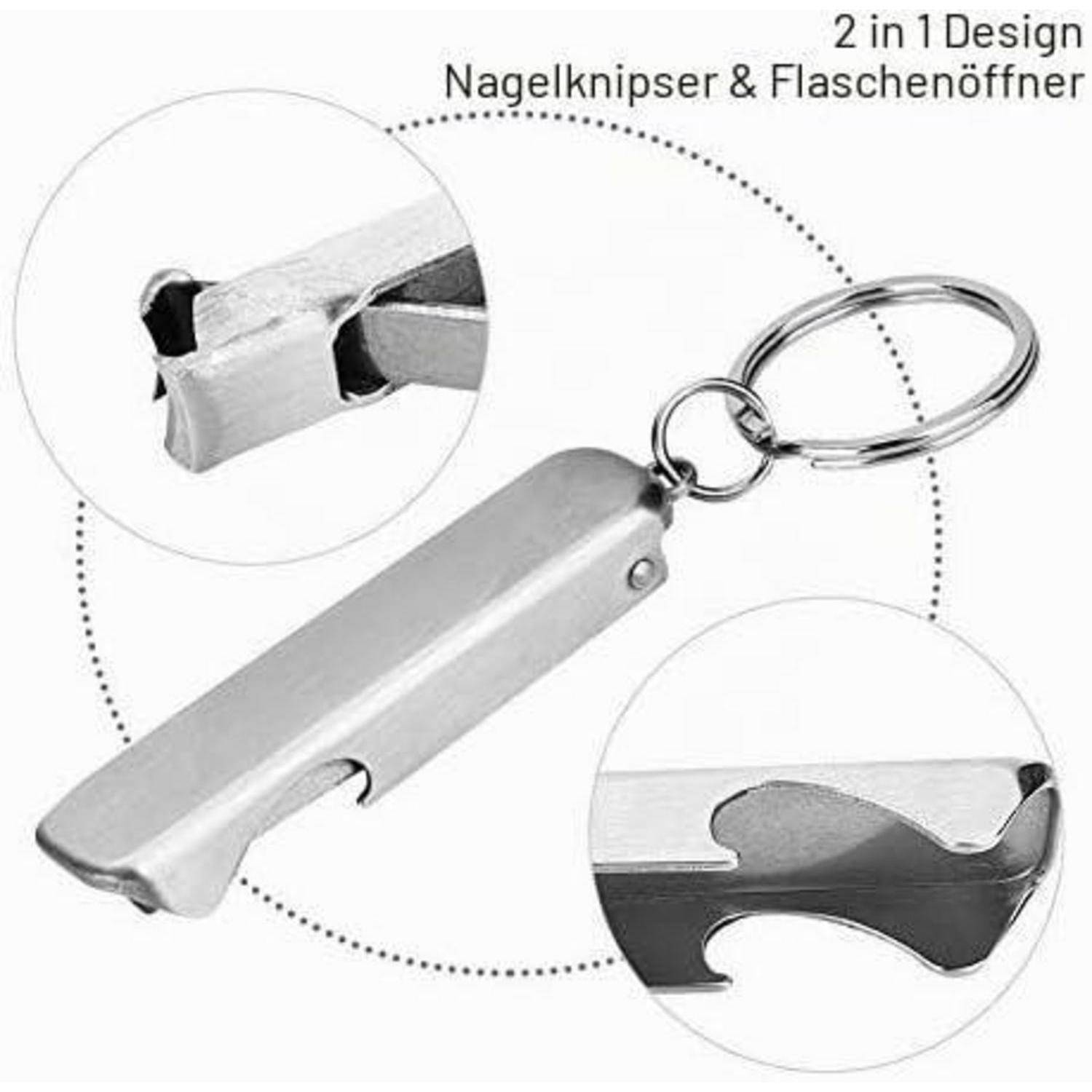 2-in-1-Schlüsselanhänger-Werkzeug, das eine Nagelschere und einen Flaschenöffner vereint, mit vergrößerten Detailaufnahmen beider Funktionen.