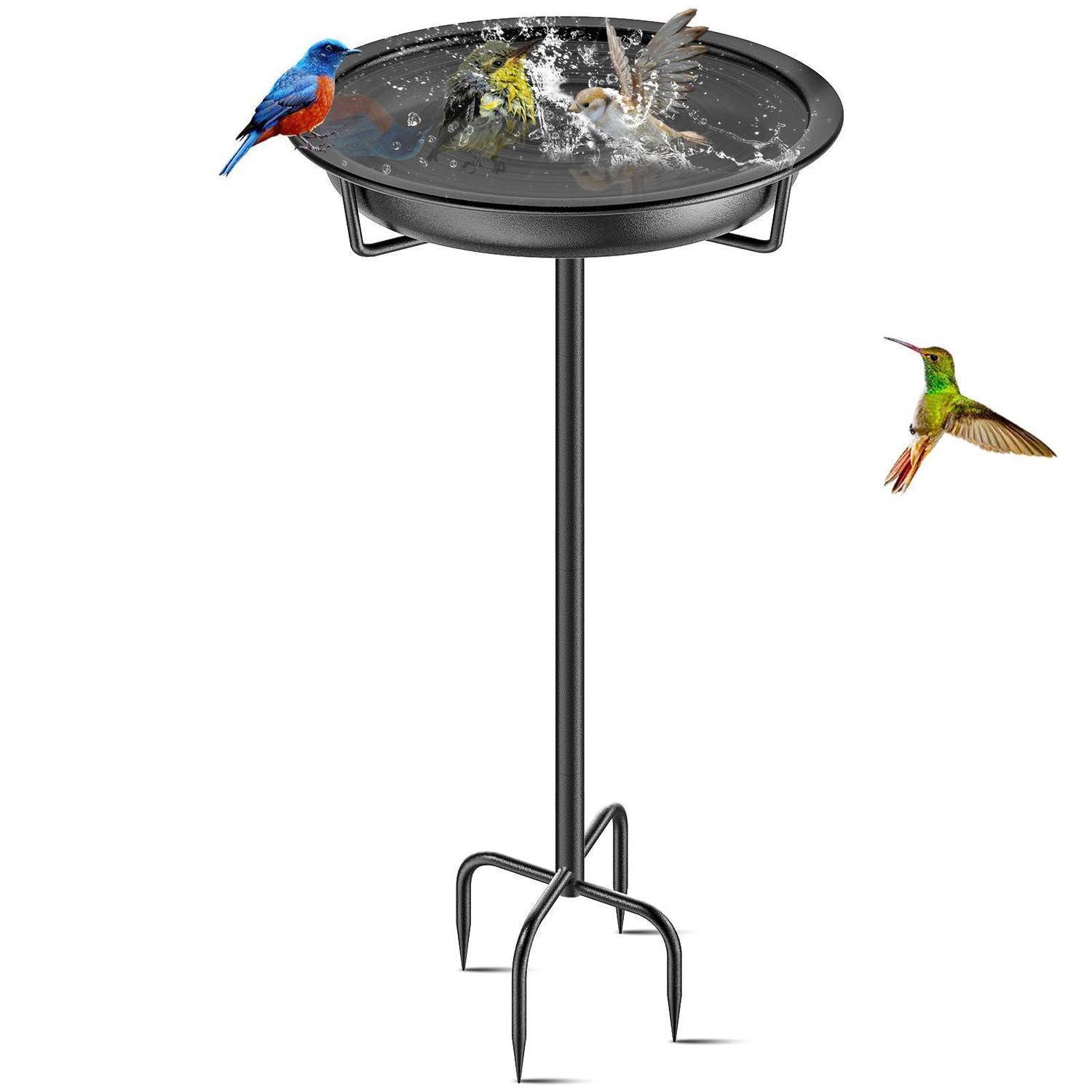 Erhöhtes Vogeltränkenbrunnen mit spritzendem Wasser, während ein Blaukehlchen auf dem Rand sitzt und ein Kolibri in der Nähe schwebt.