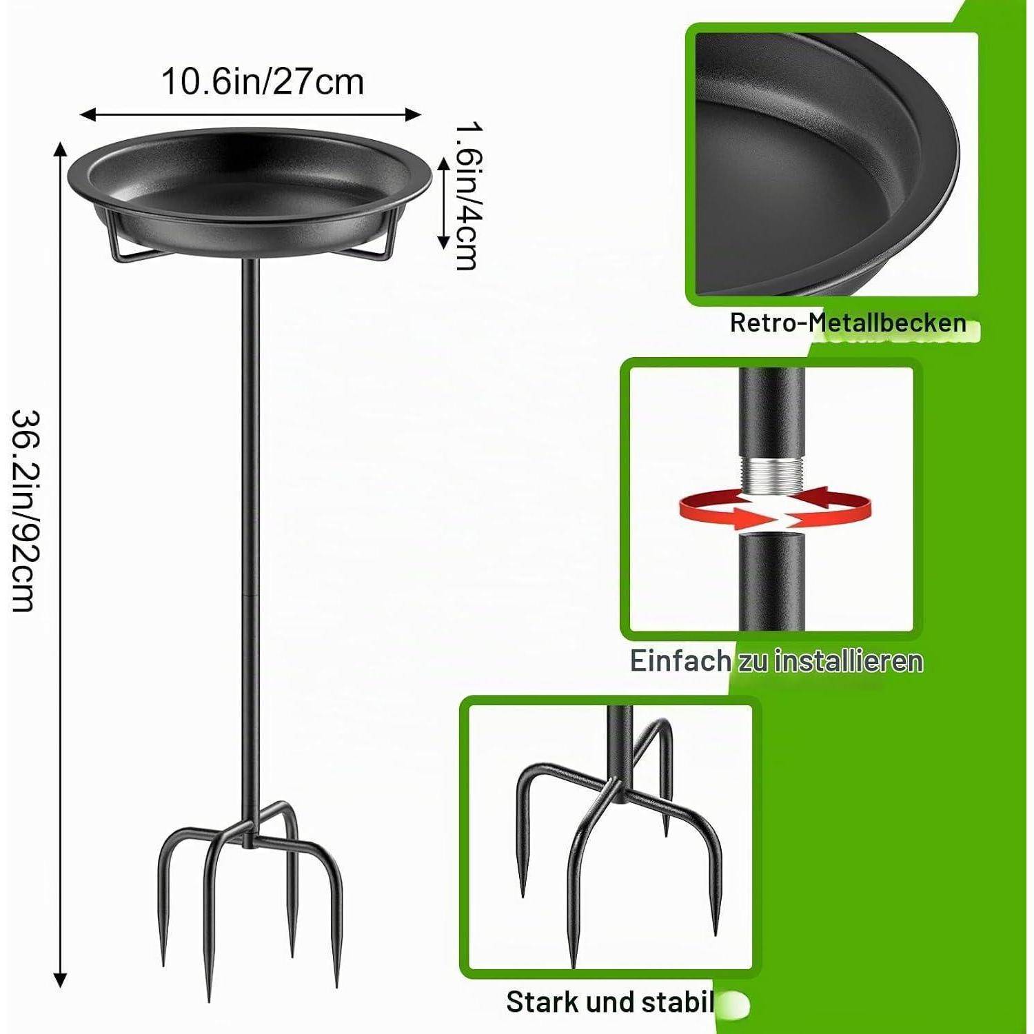 Diagramm eines Metallgartenvogelfutter-Ständers mit vierflügeliger Basis; angegebene Abmessungen: 91,9 cm hoch, 26,9 cm breit, 4,1 cm tief. Ausschnitte zeigen Retro-Metallschale, einfache Installation und Stabilität.