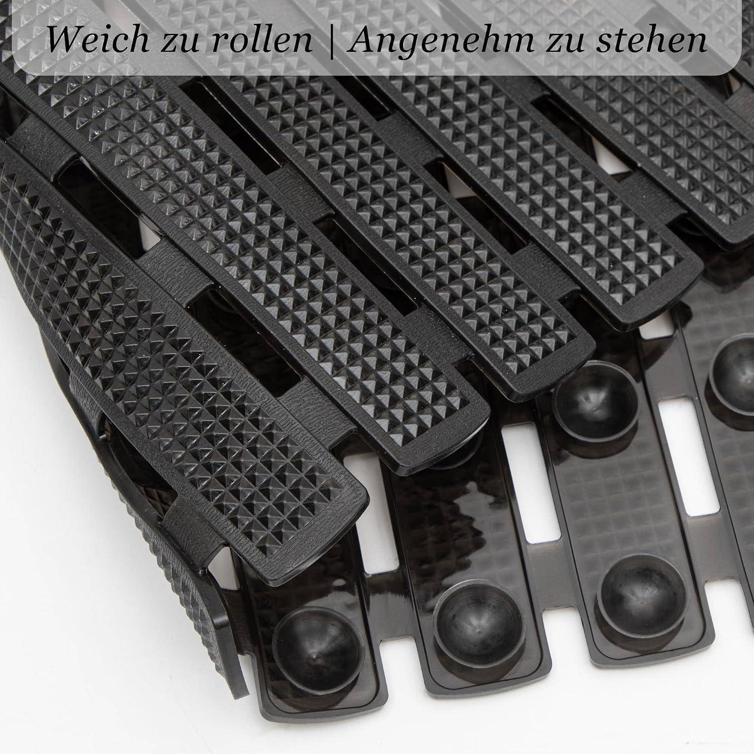 Schwarze strukturierte Schieberoller-Clips nebeneinander angeordnet, beschriftet auf Deutsch mit „Weich zu rollen | Angenehm zu stehen