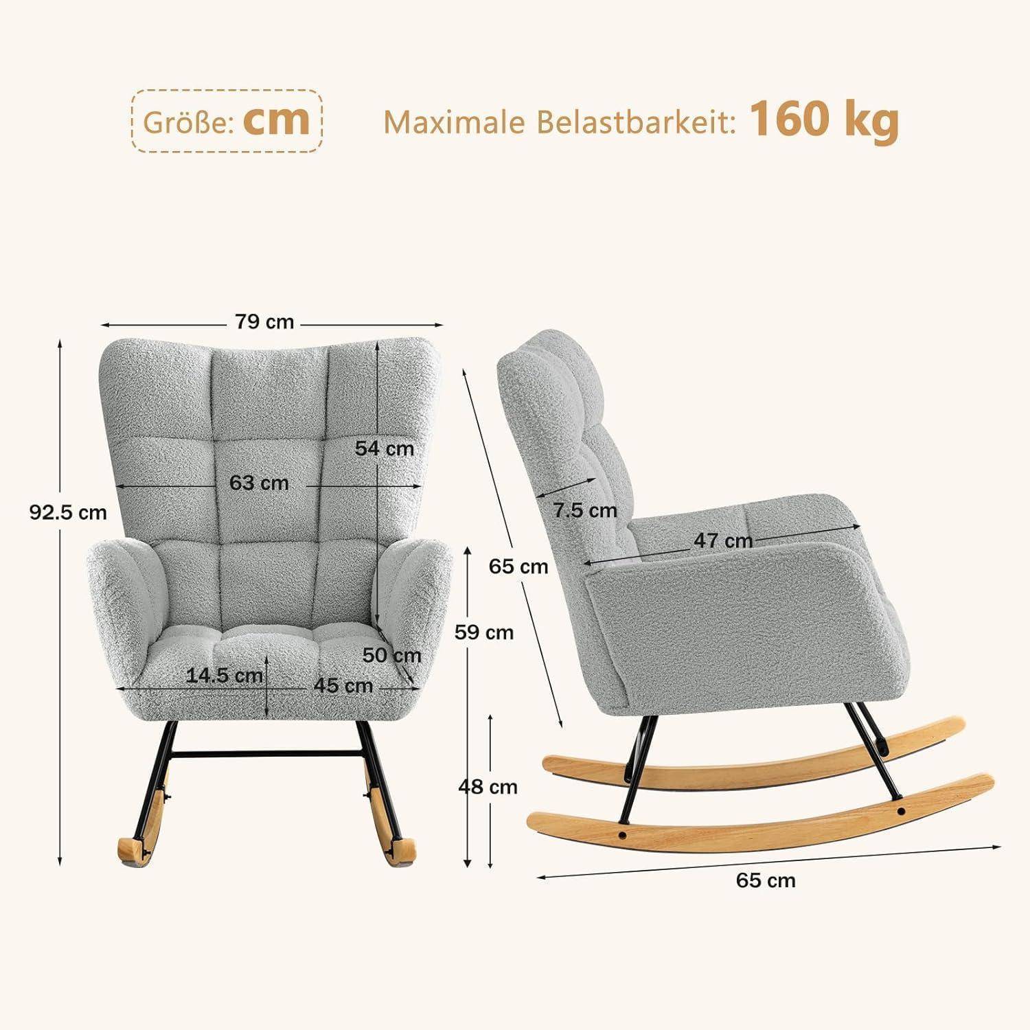 Maßstabzeichnung eines grau gepolsterten Schaukelstuhls mit Größenmessungen und maximaler Belastung von 160 kg; Abmessungen in cm beschriftet.