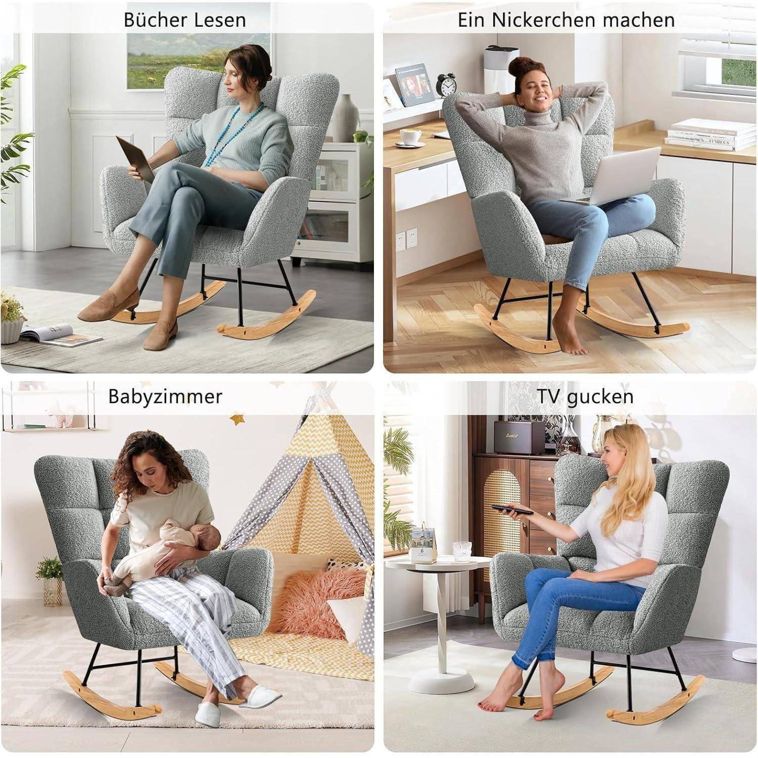 Collage eines grauen Schaukelstuhls in vier Situationen: beim Lesen, beim Nickerchen, beim Stillen eines Babys und beim Fernsehen.