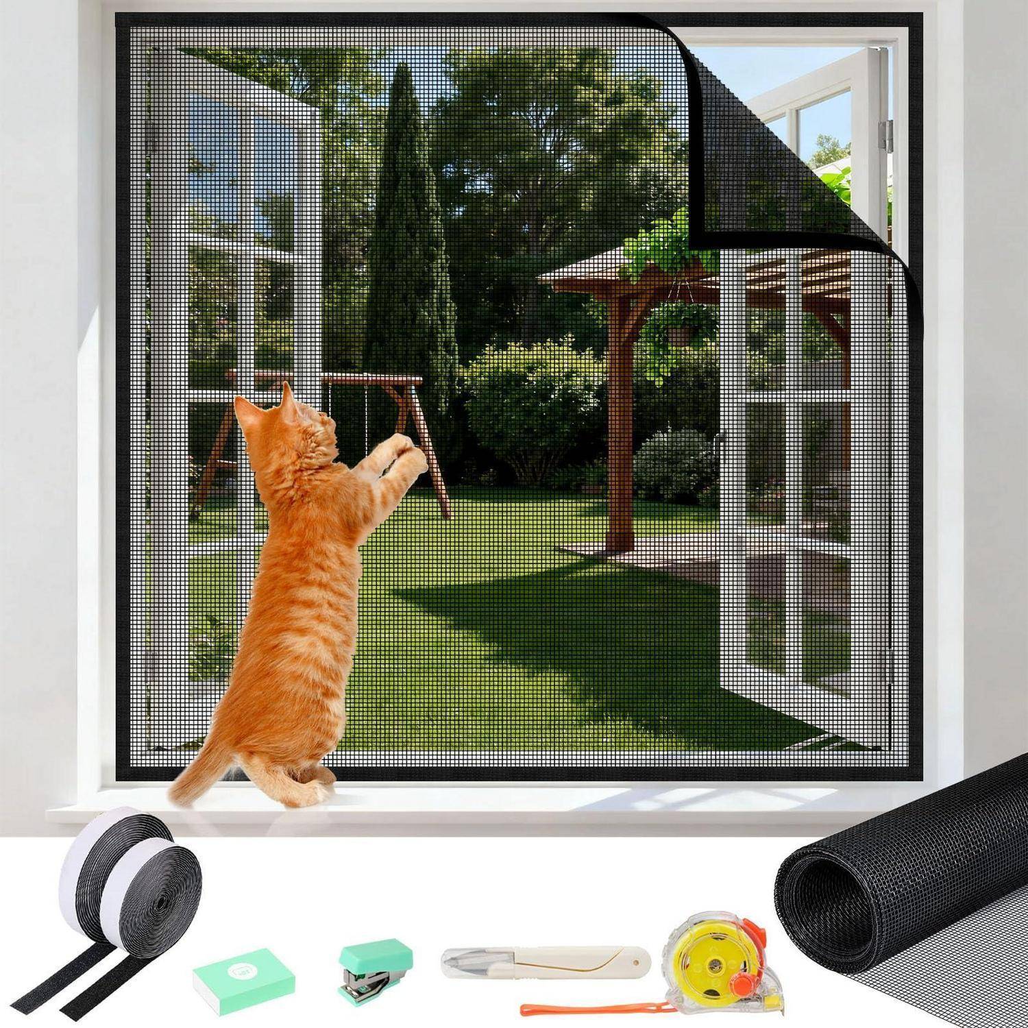 Orange Katze, die an einem Fenster mit Fliegengitter steht, schaut nach außen in den Hinterhof, mit Zubehör für Haustierfenster-Fliegengitter, das unten gezeigt wird.