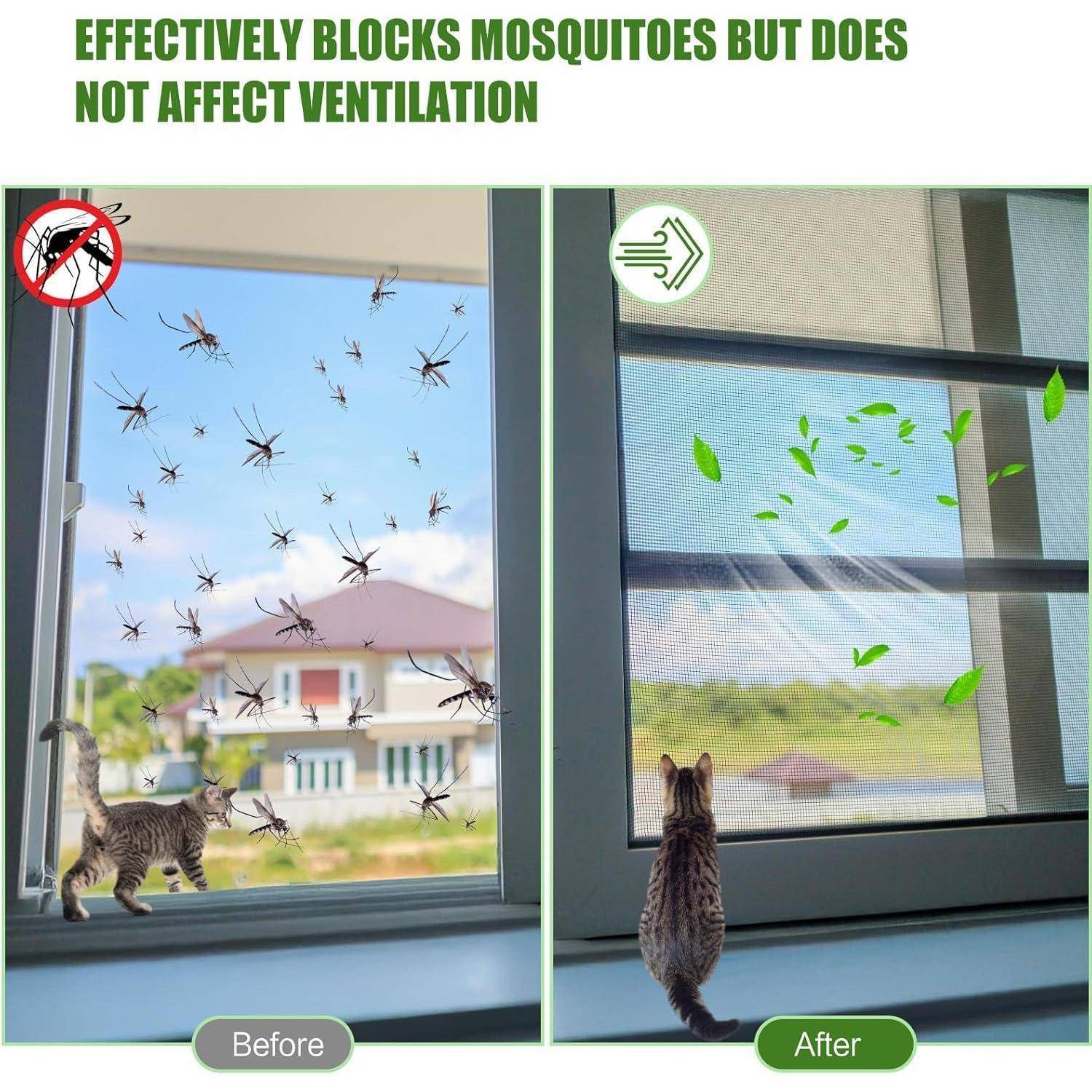 Vorher-und-Nachher-Werbung für Fensterfliegengitter nebeneinander: Das Gitter hält Mücken ab und ermöglicht gleichzeitig Belüftung.