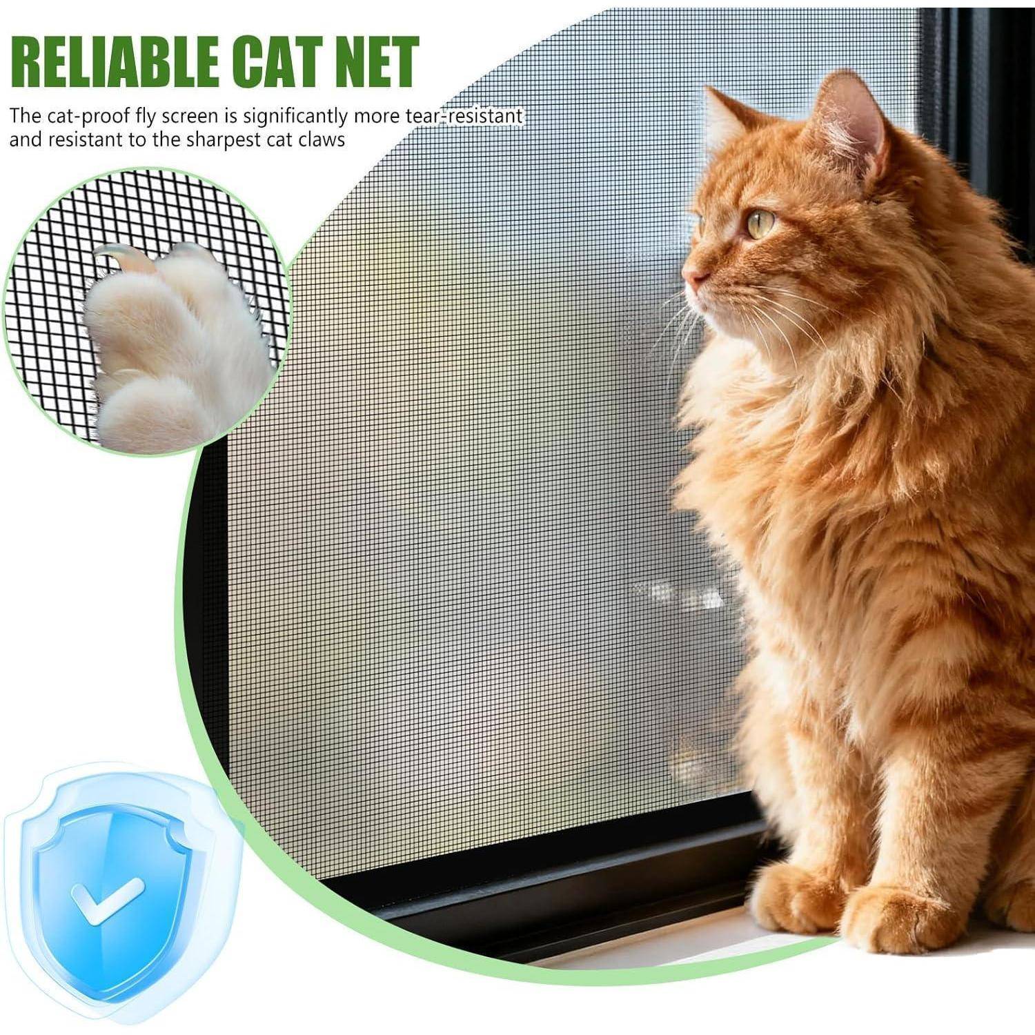 Werbebild einer orange getigerten Katze neben einem Fensterfliegengitter mit der Bezeichnung „RELIABLE CAT NET", das reißfestes Netzgewebe zeigt, das den scharfen Katzenkrallen widerstehen soll.