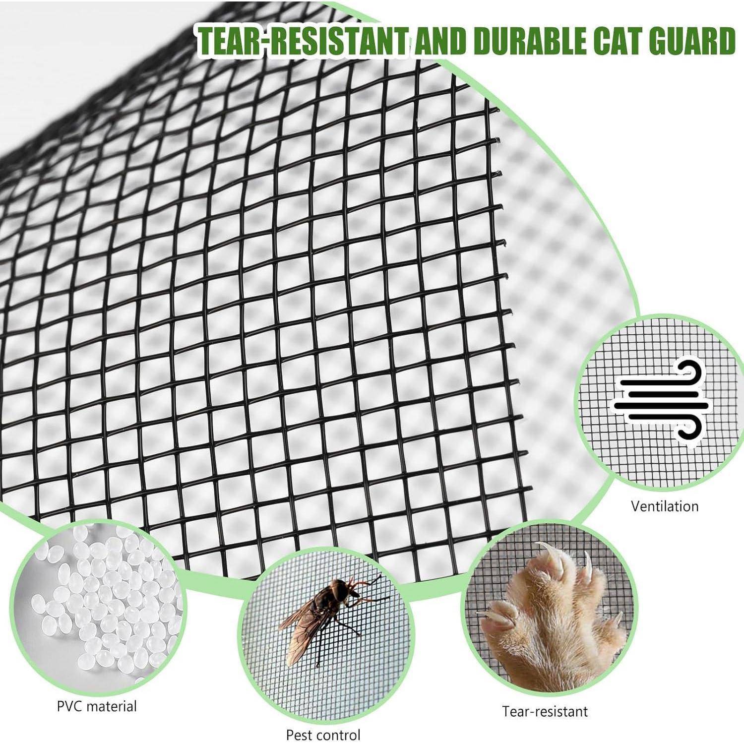 Schwarzes Maschengewebe-Katzenschutzgitter mit der Aufschrift "reißfestes und langlebiges Katzenschutzgitter"" mit eingesetzten Symbolen, die PVC-Material, Schädlingsbekämpfung, Belüftung und Reißfestigkeit zeigen.