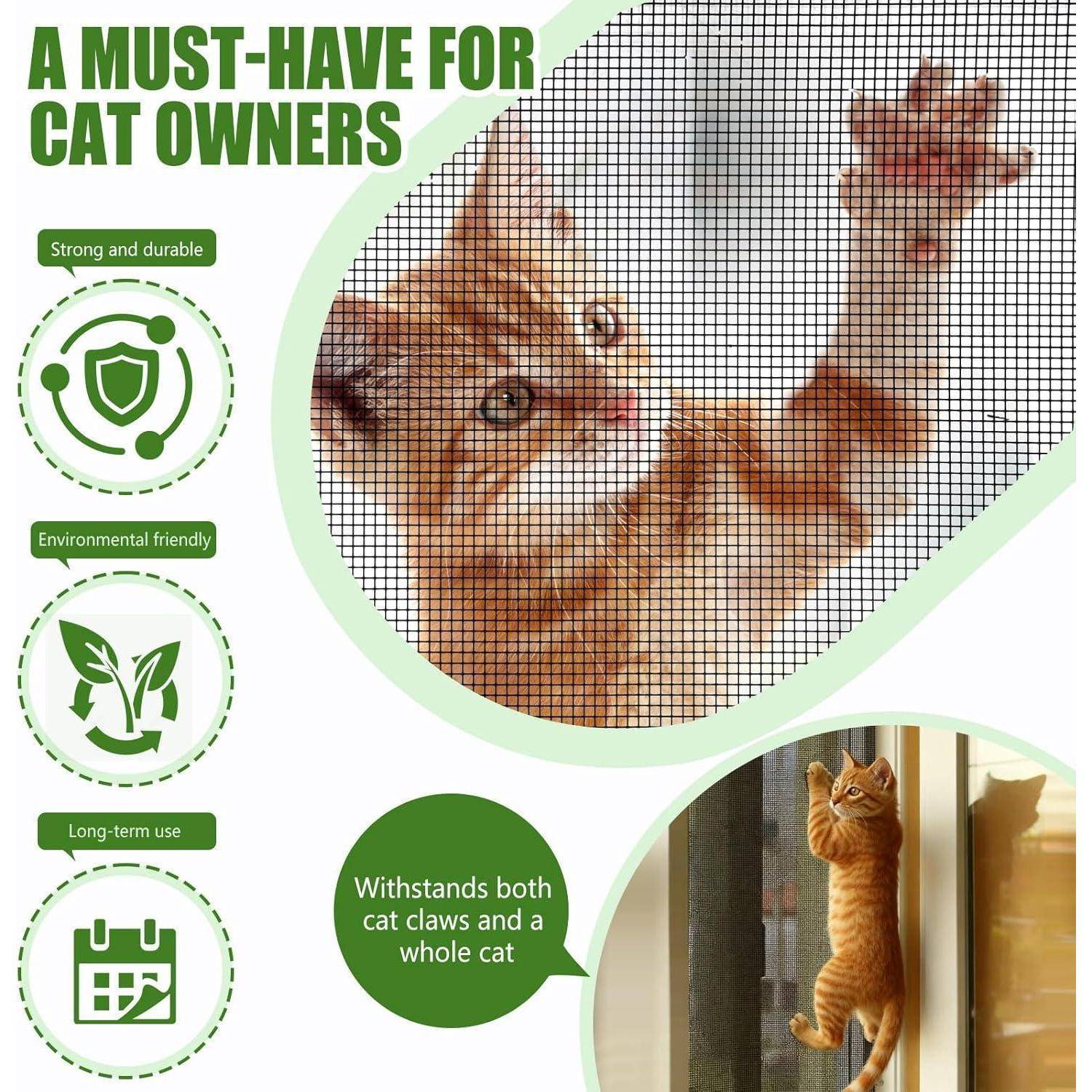 Infografik über ein Katzensicherheitsgitter, das eine orange Katze hinter einem Netz zeigt, mit Pfoten draußen; Beschriftungen sagen „Stark und langlebig", „Umweltfreundlich"" und „Langzeitnutzung"".