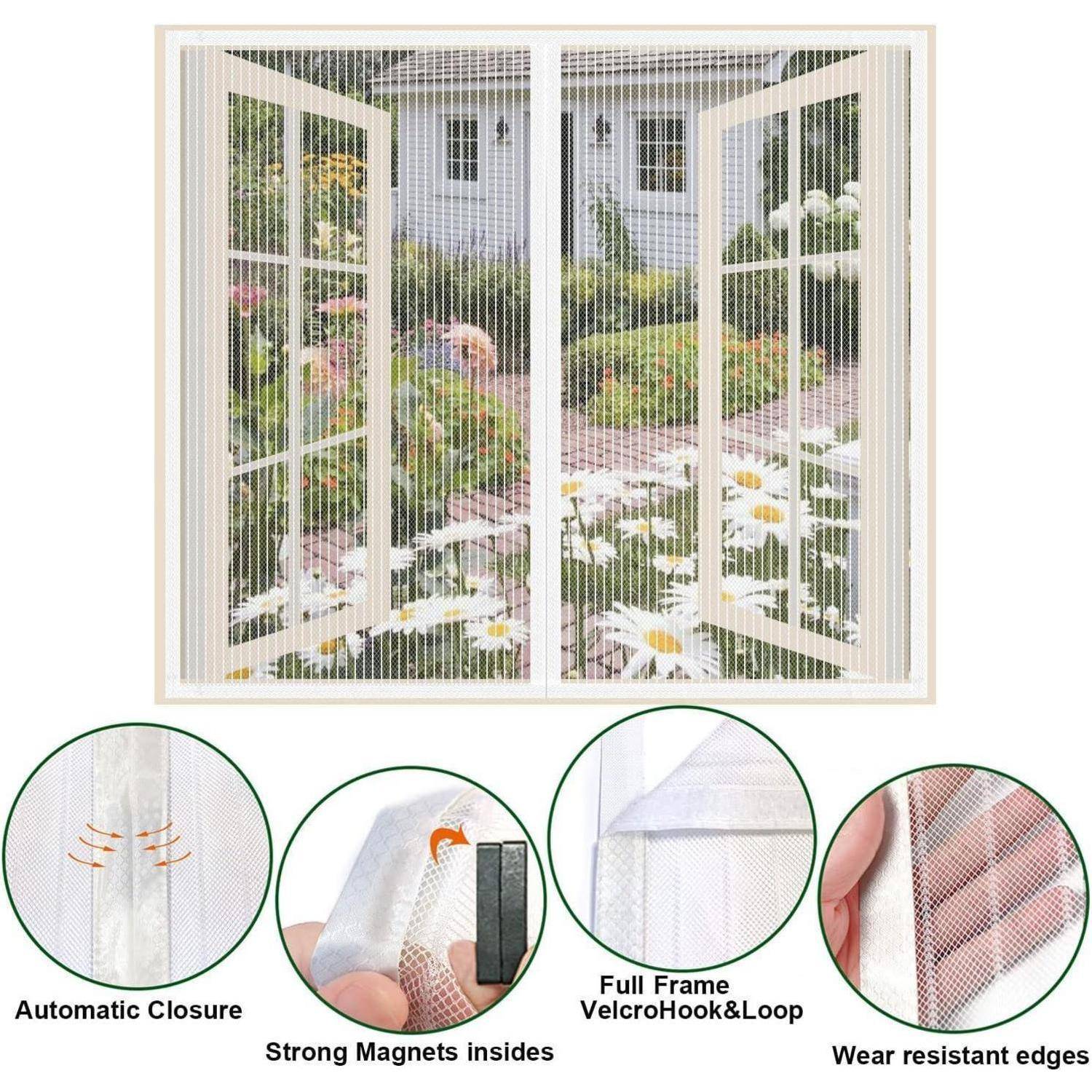 Magnetisches Mesh-Fliegengitter mit automatischem Verschluss, starken Magneten, Klettverschluss über den gesamten Rahmen und verschleißfesten Kanten, gezeigt auf einem offenen Fenster montiert.