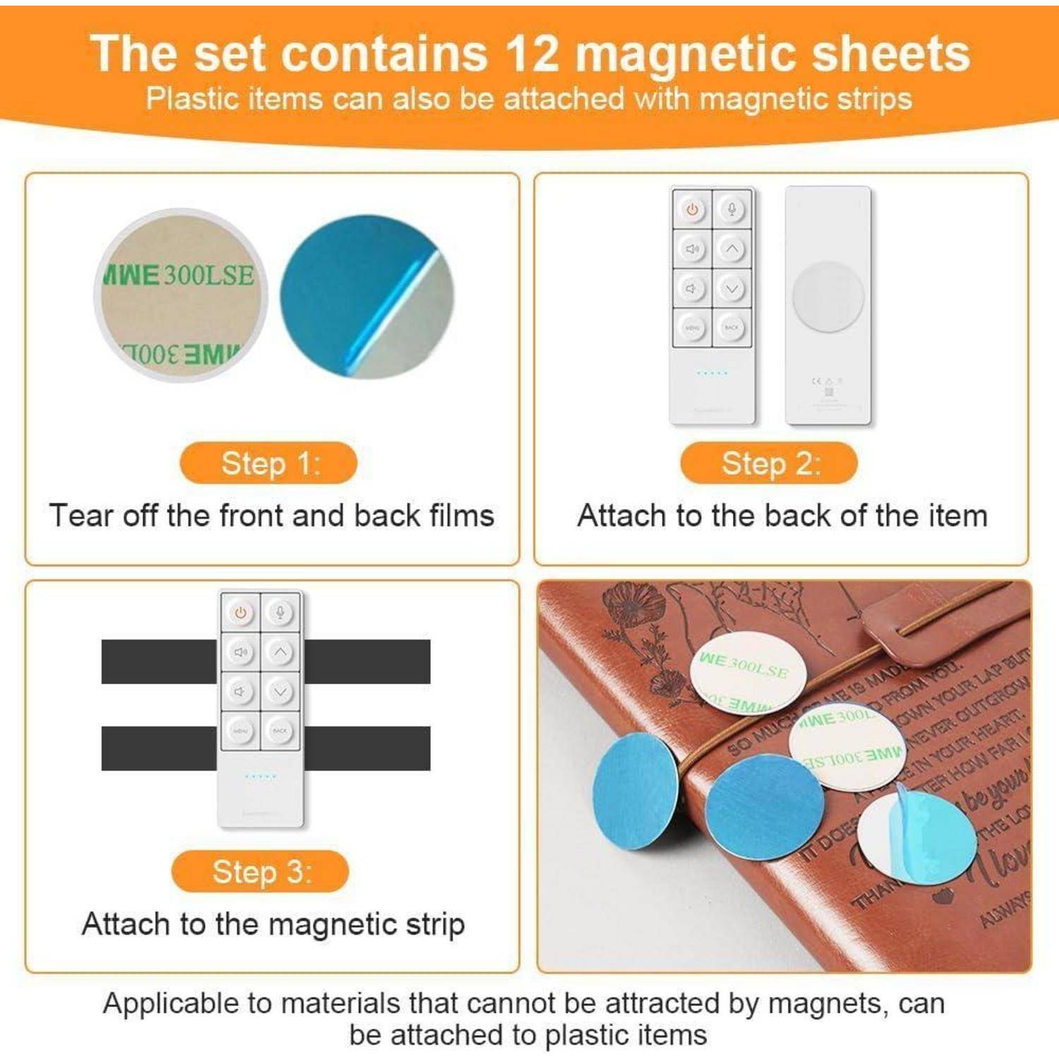 Anleitung zeigt 12 magnetische Haftfolien: Schutzfolie abziehen, auf einen Gegenstand kleben, dann den Gegenstand an einen Magnetstreifen anbringen für nicht-magnetische Materialien.