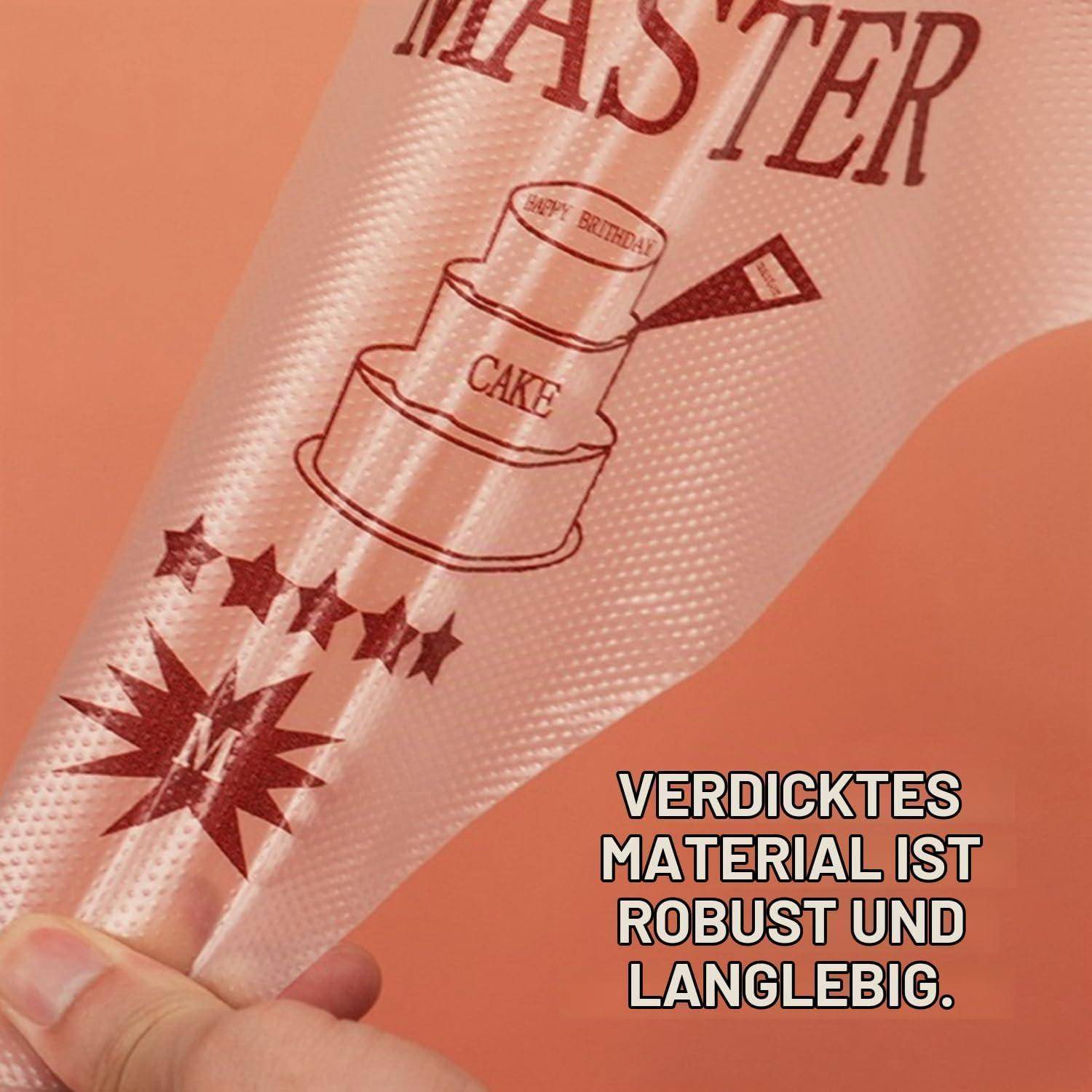 Nahaufnahme einer Hand, die einen strukturierten Spritzbeutel mit der Aufschrift „MASTER