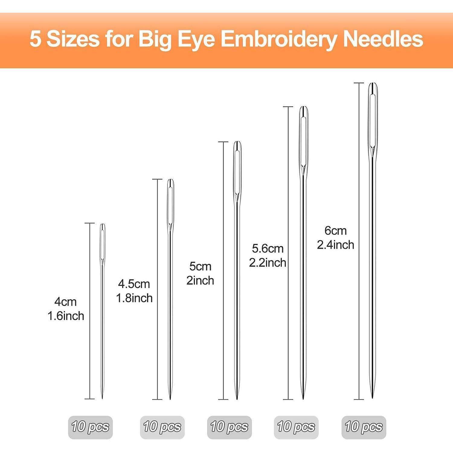 Diagramm mit 5 Größen für Sticknadeln mit großem Öhr: 4 cm, 4,5 cm, 5 cm, 5,6 cm und 6 cm, jeweils mit 10 Stück gekennzeichnet.