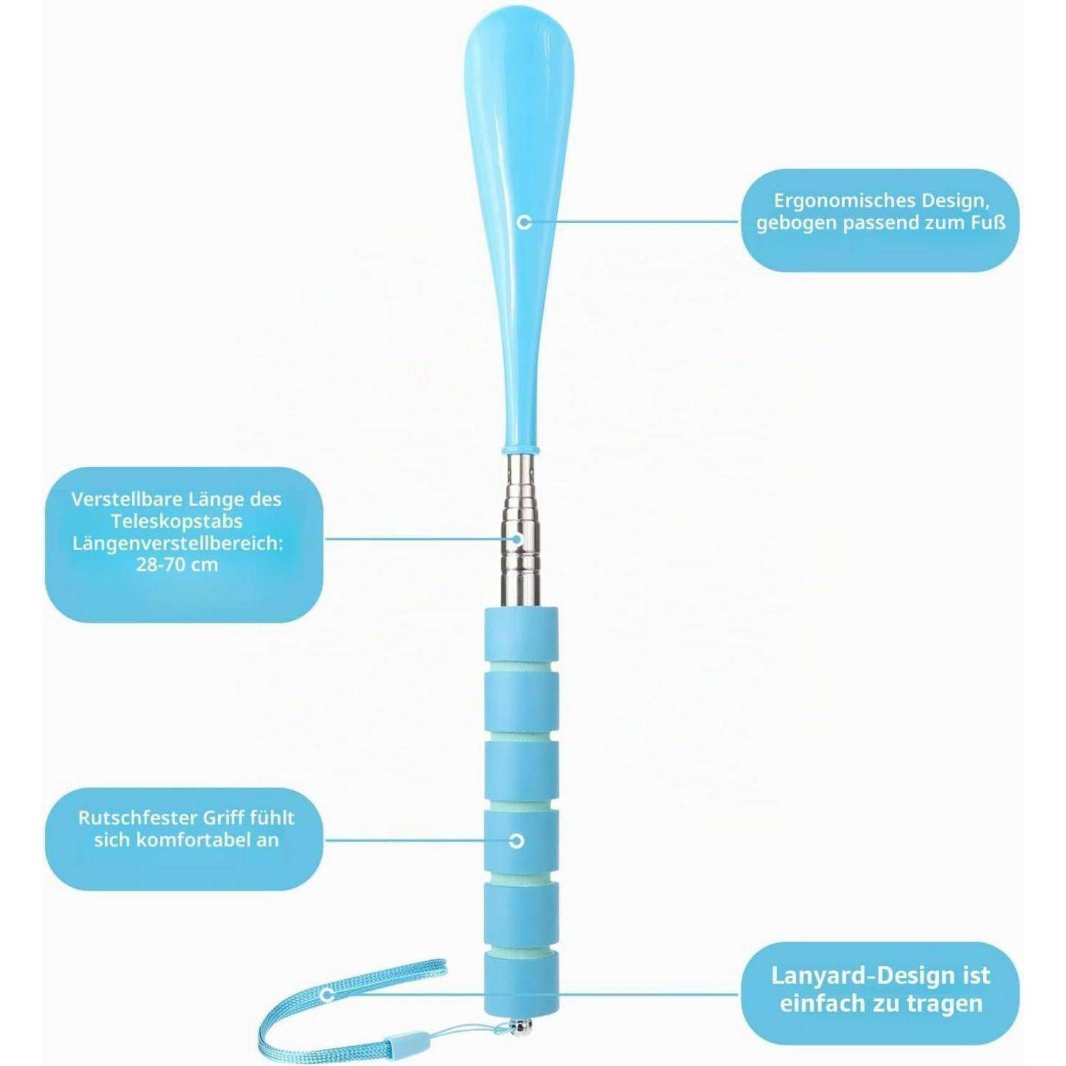 Abbildung eines blauen teleskopischen Gehstocks mit Beschriftungen, die ergonomischen gekrümmten Griff, verstellbare Länge 28-70 cm, rutschfeste Griffbeschaffenheit und Trageriemen hervorheben.