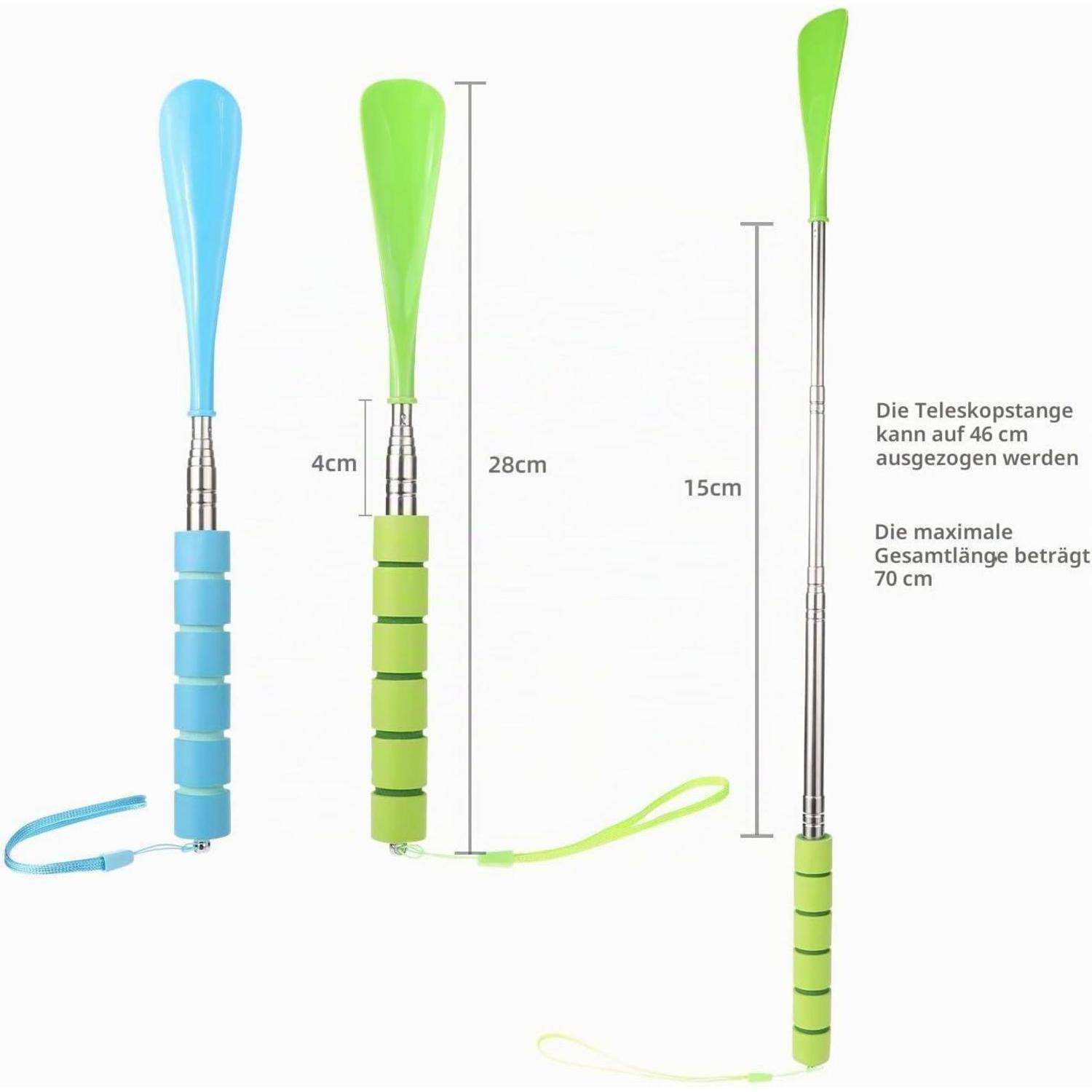 Bild zum Vergleich von teleskopischen Rückenkratzern: blaue und grüne Griffe klappen auf 28 cm zusammen mit 4 cm Griffen; ausgefahrenes Werkzeug erreicht 46 cm, maximale Länge 70 cm.
