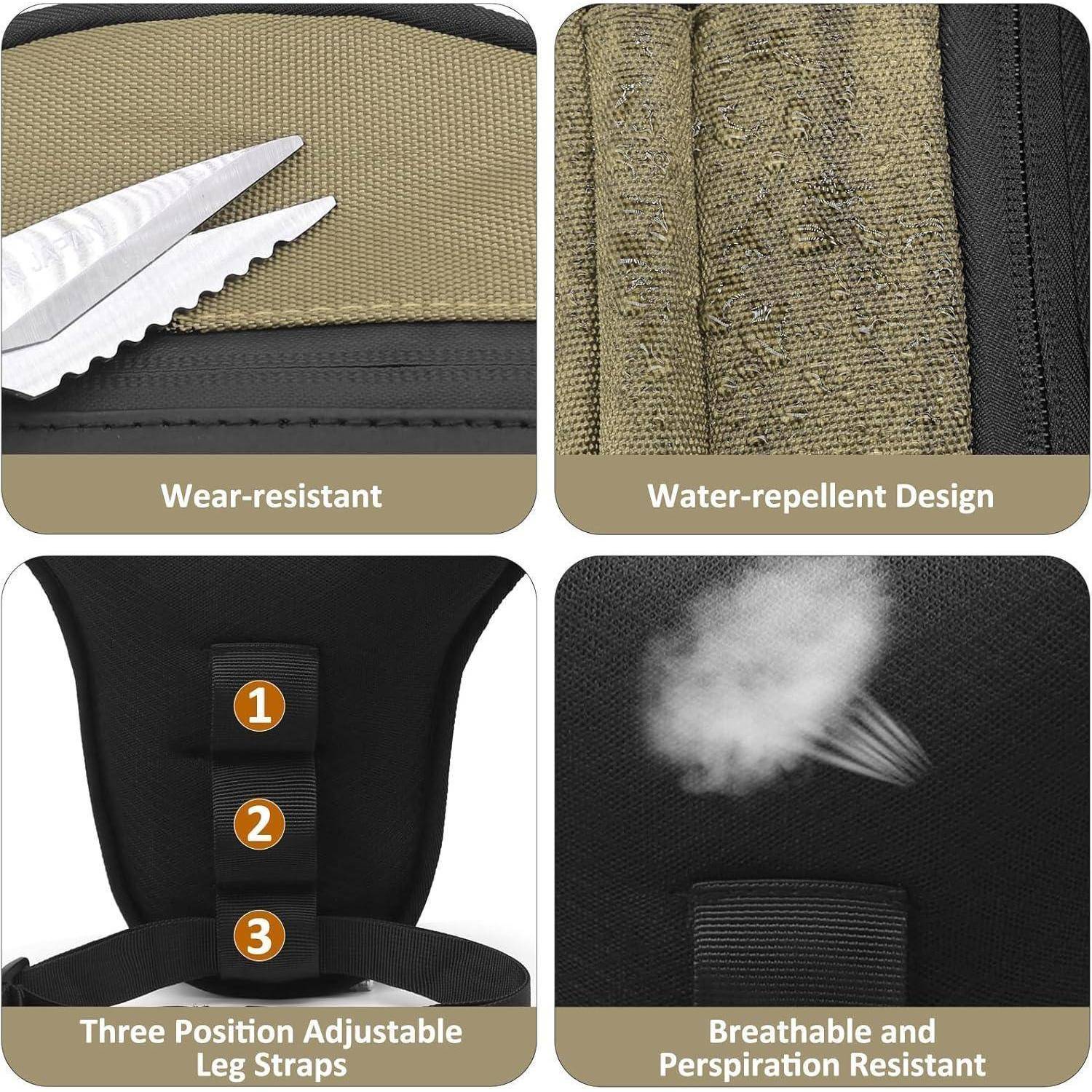Vier-Panel-Produktgrafik mit Rucksackmerkmalen: Verschleißfest, wasserabweisendes Design, dreipositionierbare verstellbare Beinriemen und atmungsaktives, kratzerbeständiges Material.