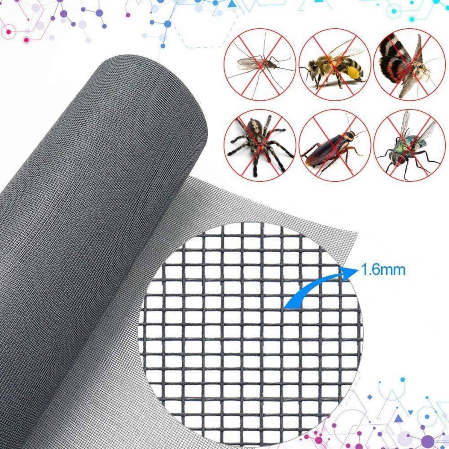 Graue Maschengewebe-Insektenschutzrolle mit Nahaufnahme des Gitterdetails mit der Bezeichnung „1,6 mm