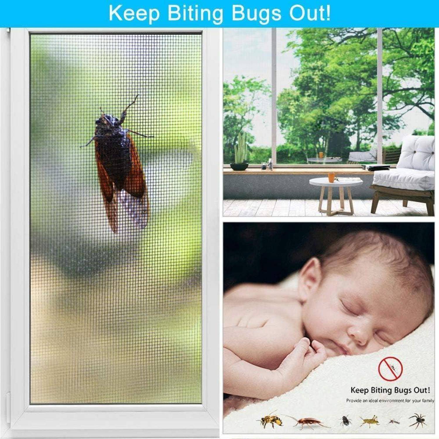 Anzeige für Insektenschutzgitter: Ein Insekt auf einem Fliegengitter, eine überdachte Terrasse mit Gitterwerk und ein schlafendes Baby mit dem Slogan „Beißende Insekten draußen halten!