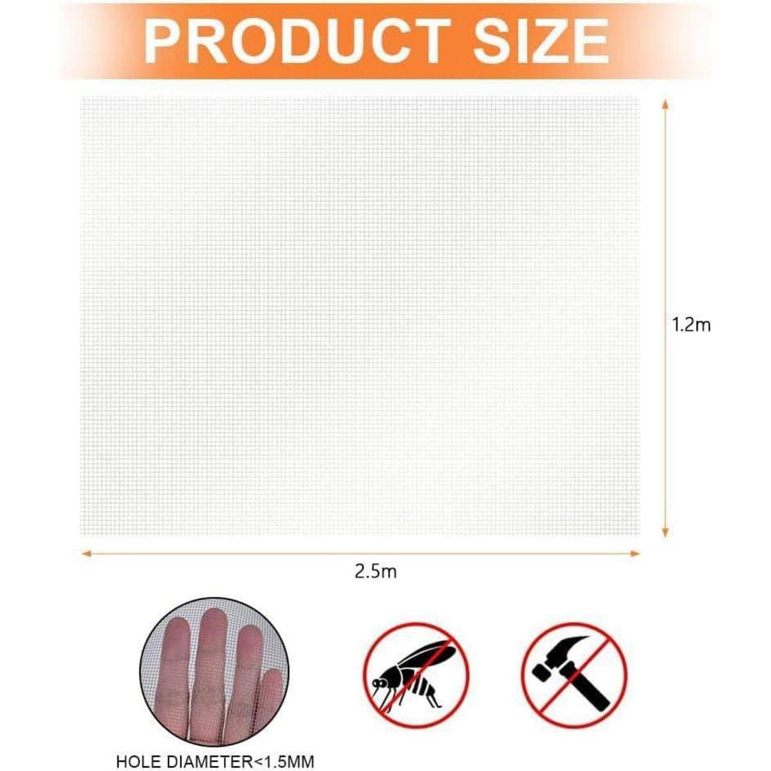 Produktgrößendiagramm mit einem 2,5 m x 1,2 m großen Blatt, Lochdurchmesser weniger als 1,5 mm und keine Mücken oder Hämmer erlaubt.