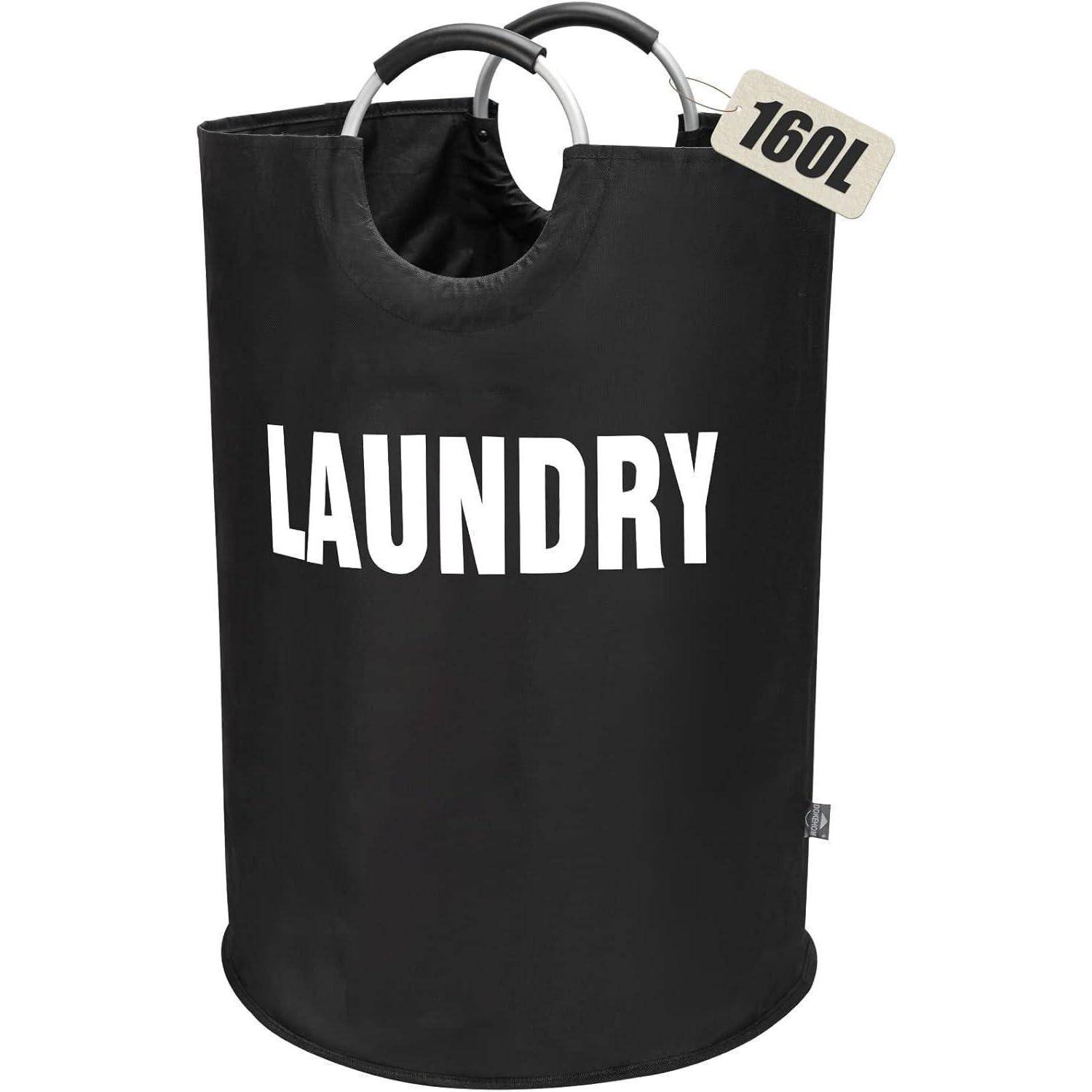 Schwarzer 160-l-Wäschekorb mit Griffen und großem weißem Text „LAUNDRY