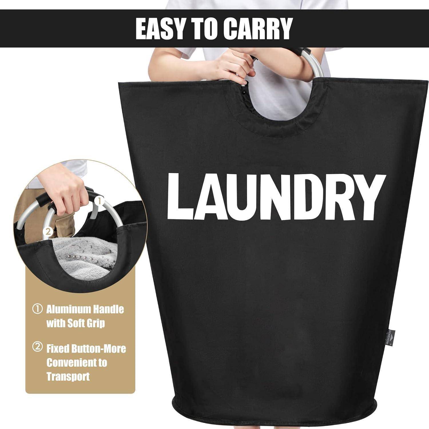 Schwarzer Wäschekorb mit der Aufschrift „LAUNDRY