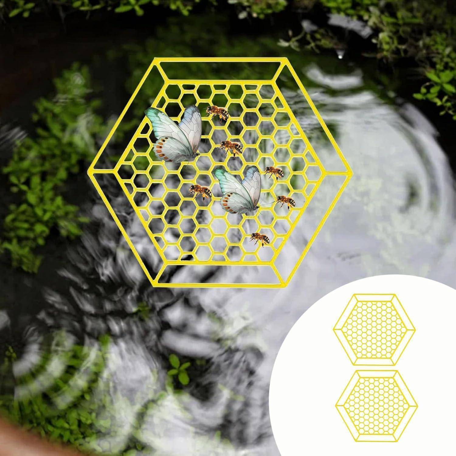 Sechseckiges gelbes Bienenwabennetz auf Wasserfallen fängt Schmetterlinge und Bienen ein; die Vergrößerung zeigt zwei übereinander gestapelte sechseckige Wabenpaneele.
