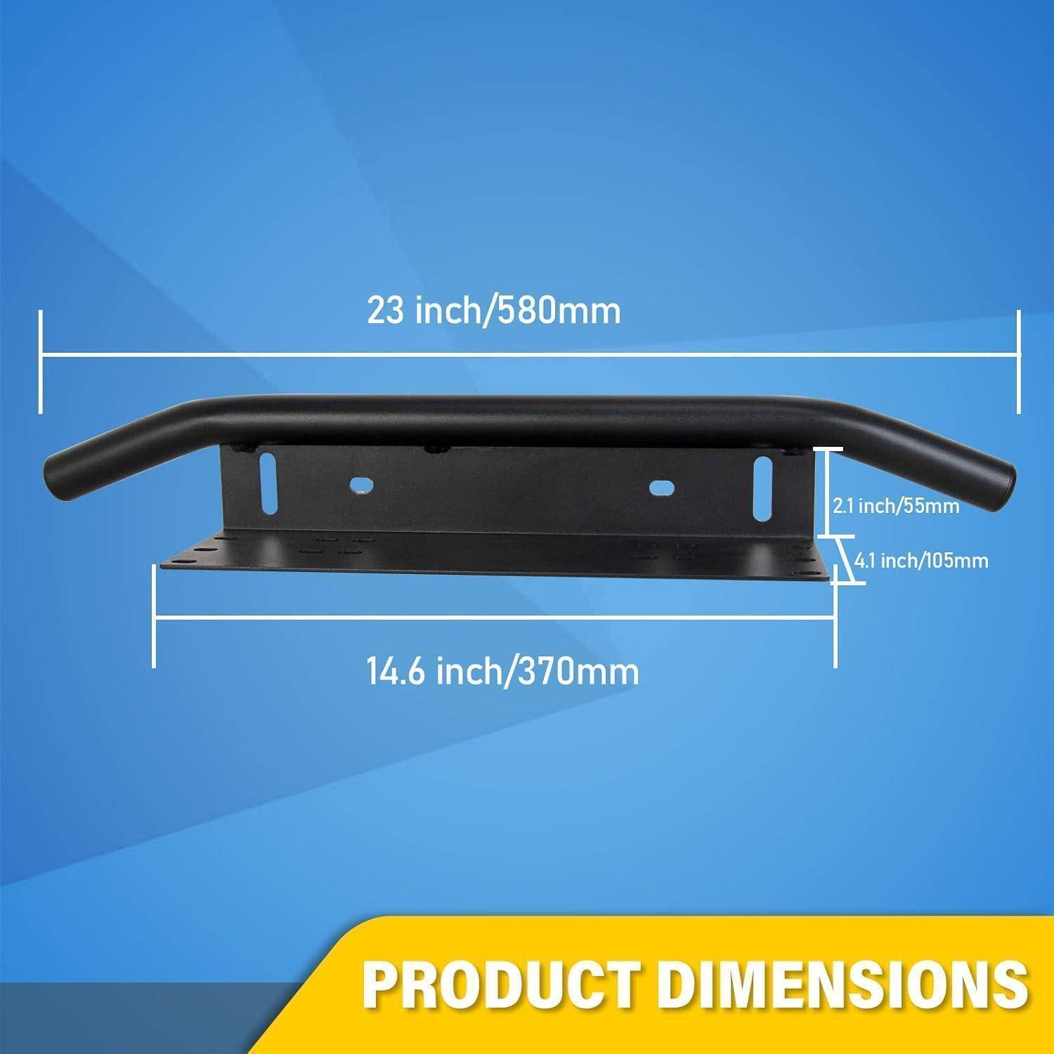 Produktdimensionen-Grafik eines schwarzen wandmontierten Griffs oder einer schwarzen Wandstange: 23 Zoll/580 mm breit, 14,6 Zoll/370 mm Basis, 2,1 Zoll/55 mm hoch, 4,1 Zoll/105 mm tief.