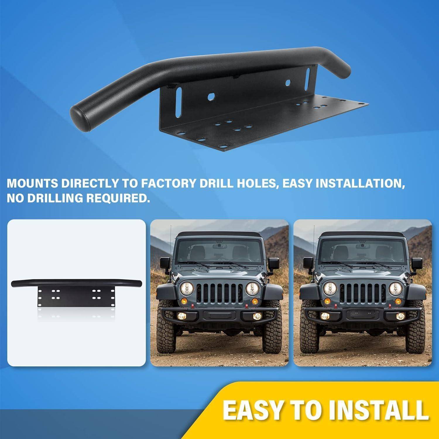 Schwarzer Metall-Stoßfänger-/Kühlergrillschutzhalter, gezeigt mit Jeep-Installationsbeispielen; Text besagt, dass er an werkseitigen Bohrungen montiert wird, ohne dass Bohren erforderlich ist, und die Installation einfach ist.