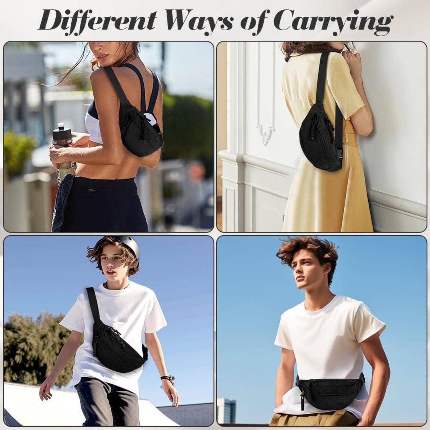 Collage mit dem Titel „Verschiedene Tragemöglichkeiten" zeigt eine schwarze Tasche in vier verschiedenen Trageweisen: Rucksack, Schultertasche, Crossbody und Bauchtasche, getragen von Modellen im Freien.