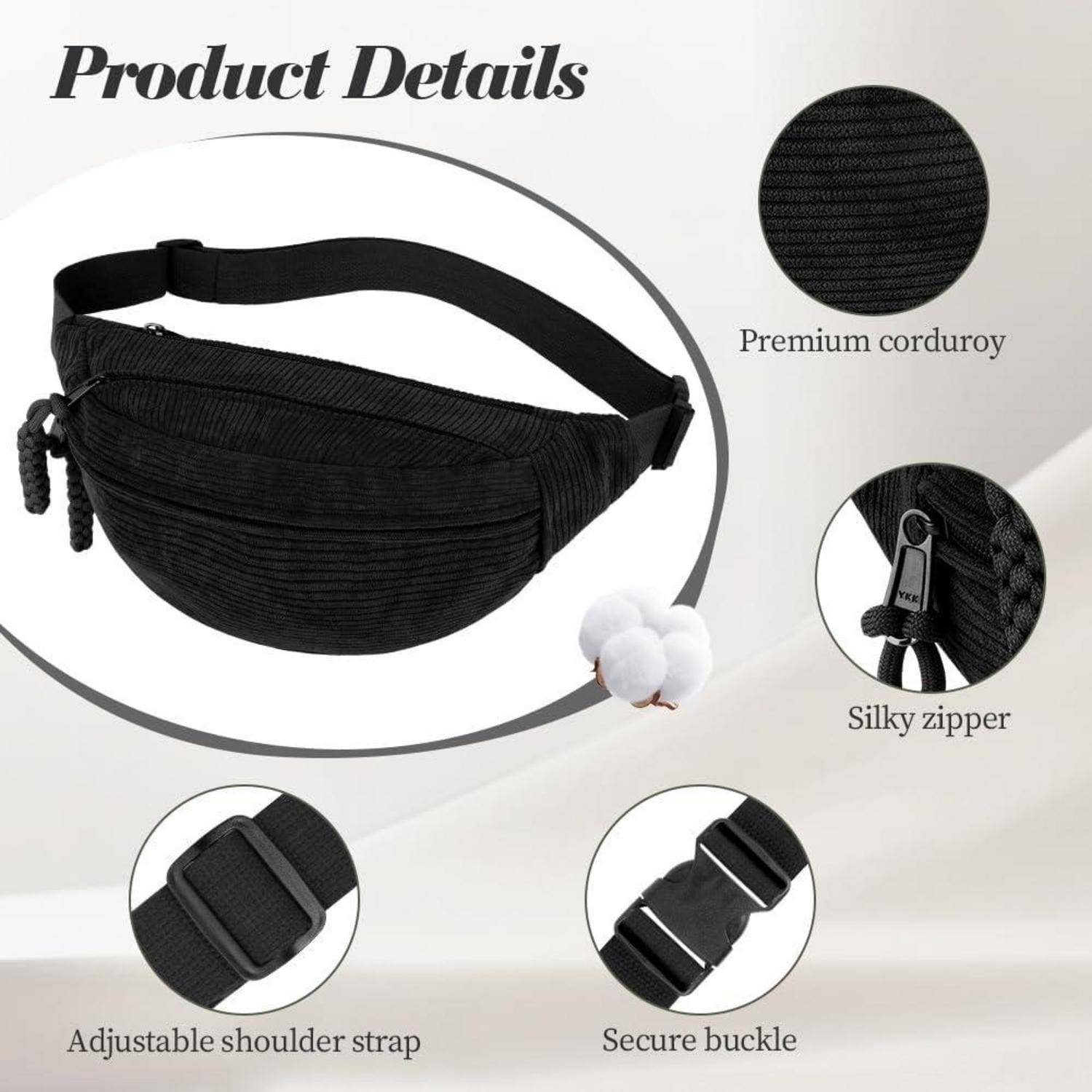Produktdetails-Grafik für eine schwarze Cord-Hüfttasche, die die Tasche und Nahaufnahmen mit den Bezeichnungen "Premium-Cord"", ""Seidenartig weicher Reißverschluss"", ""Verstellbarer Schultergurt"" und ""Sicherer Schnallenverschluss"" zeigt.