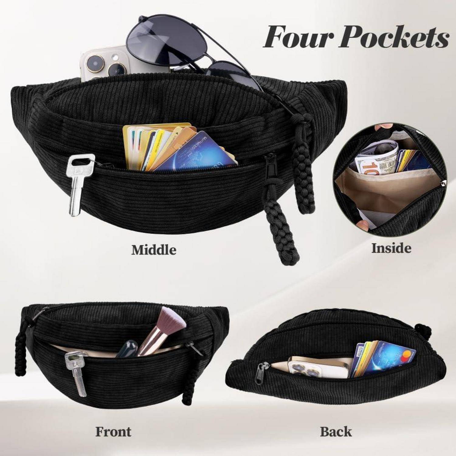 Produktbild einer schwarzen Kordsamttasche mit Gürtelschlaufe, die als „Four Pockets" bezeichnet wird und die mittlere, innere, vordere und hintere Abteilung mit Reißverschlüssen und Speicherkapazität zeigt.