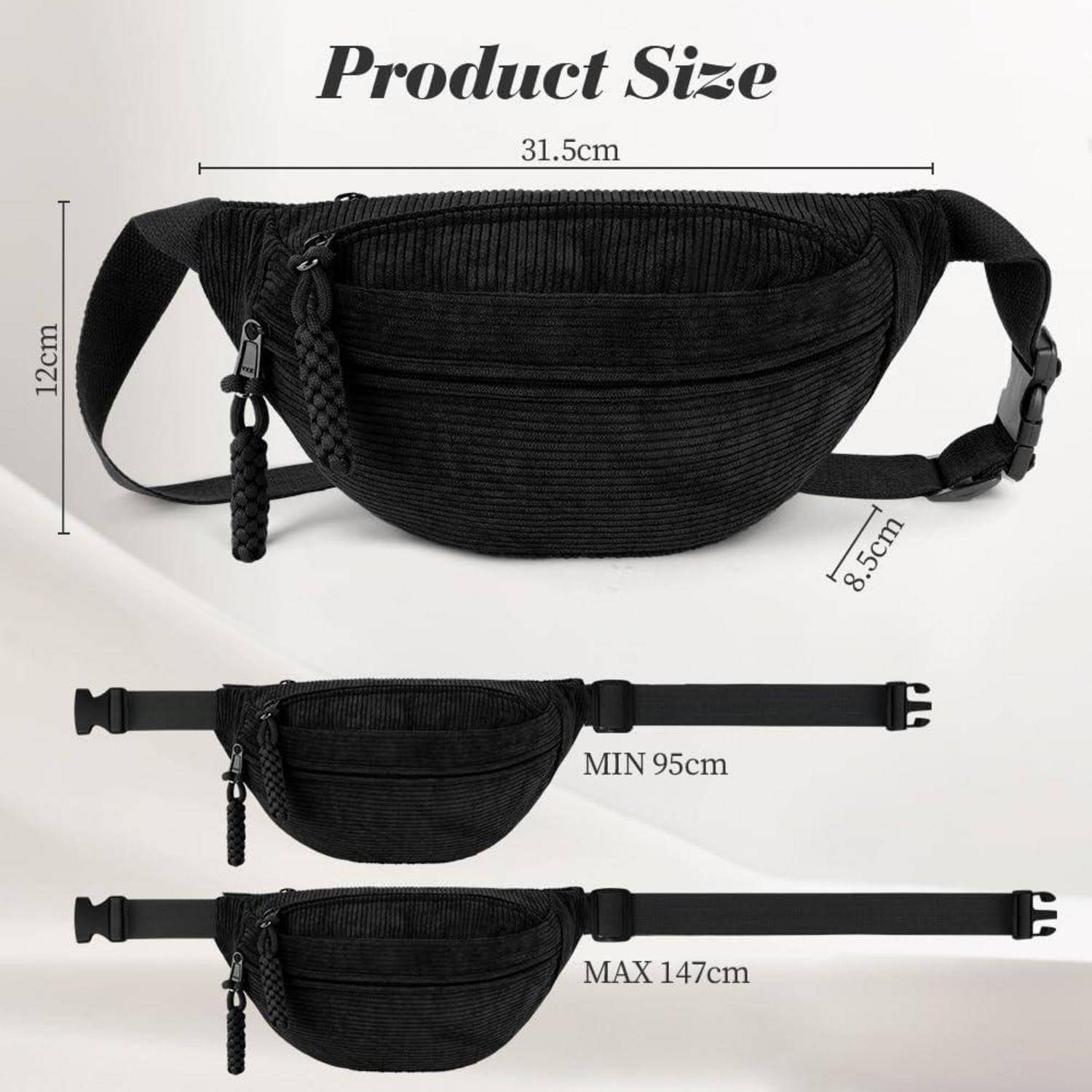 Schwarze Hüfttasche Größentabelle mit Taschendimensionen von 31,5 cm Breite, 12 cm Höhe, 8,5 cm Tiefe und verstellbarem Riemen von 95 cm bis 147 cm.