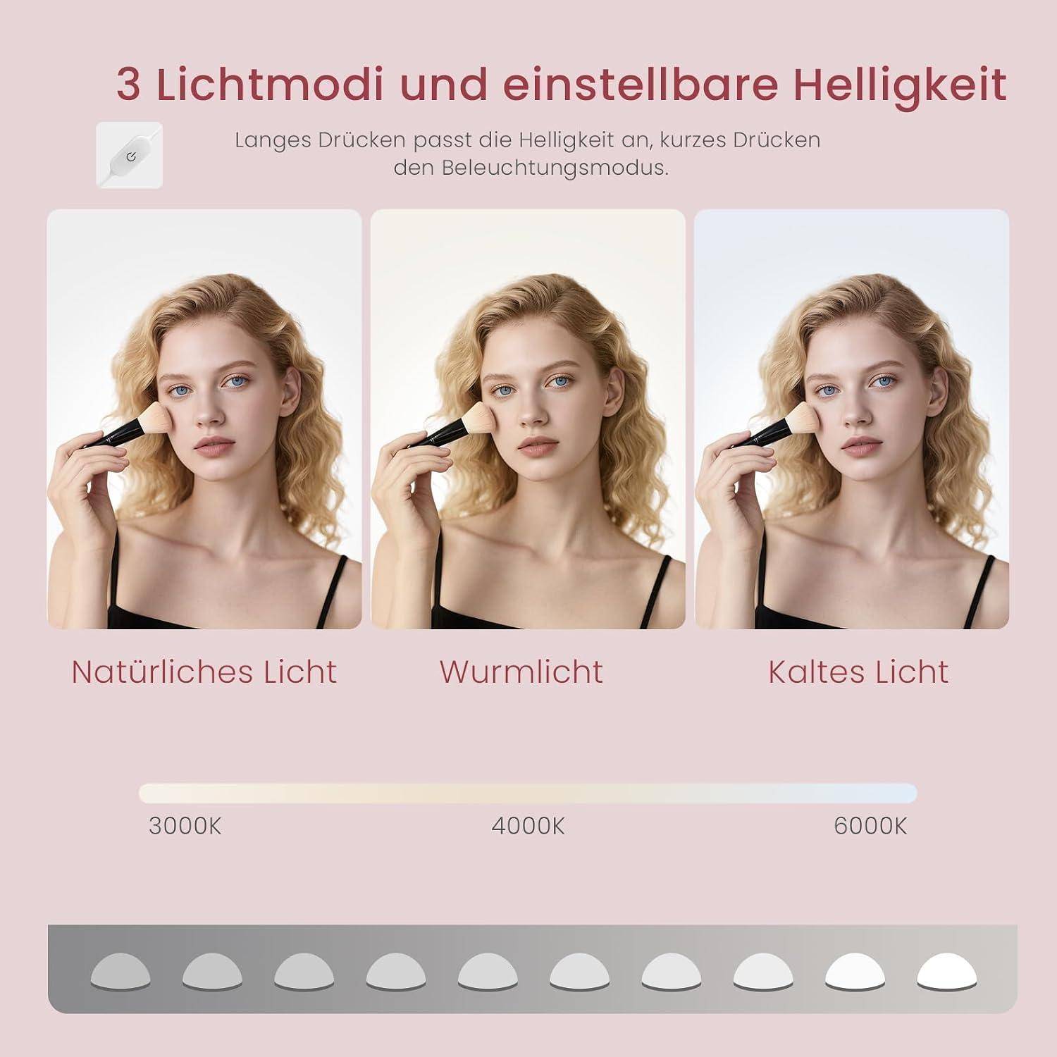 Werbegrafik zeigt 3 Lichtmodi und einstellbare Helligkeit für eine Make-up-Leuchte: natürliches Licht, warmes Licht und kühles Licht, mit einer Skala von 3000K-6000K.