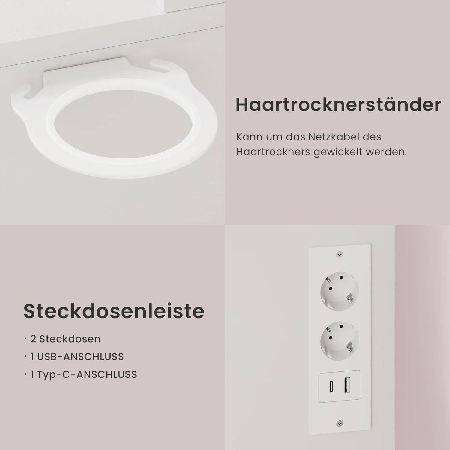 Wandmontierter Föhnhalter, der sich um das Kabel wickelt; integrierte Steckleiste mit 2 Steckdosen, 1 USB- und 1 USB-C-Anschluss.