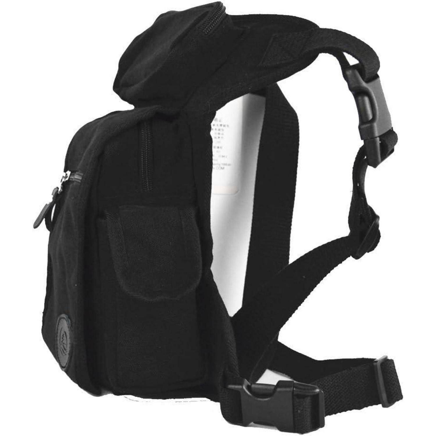 Schwarzer Rucksack von der Seite betrachtet, mit gepolsterten Schultergurten, Seitentasche und verstellbaren Schnallen auf weißem Hintergrund.
