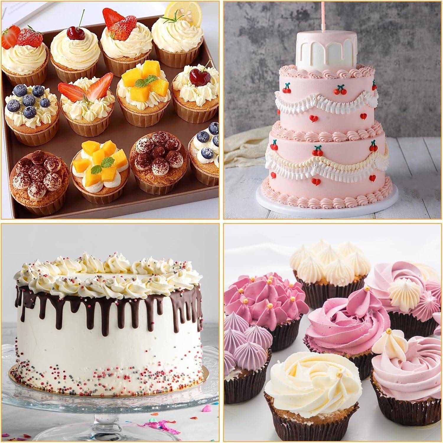 Collage aus dekorierten Cupcakes und Kuchen, einschließlich obstbelegter Cupcakes, eines rosa gestuften Kuchens, eines Tropfkuchens und Cupcakes mit Pastellglasur.