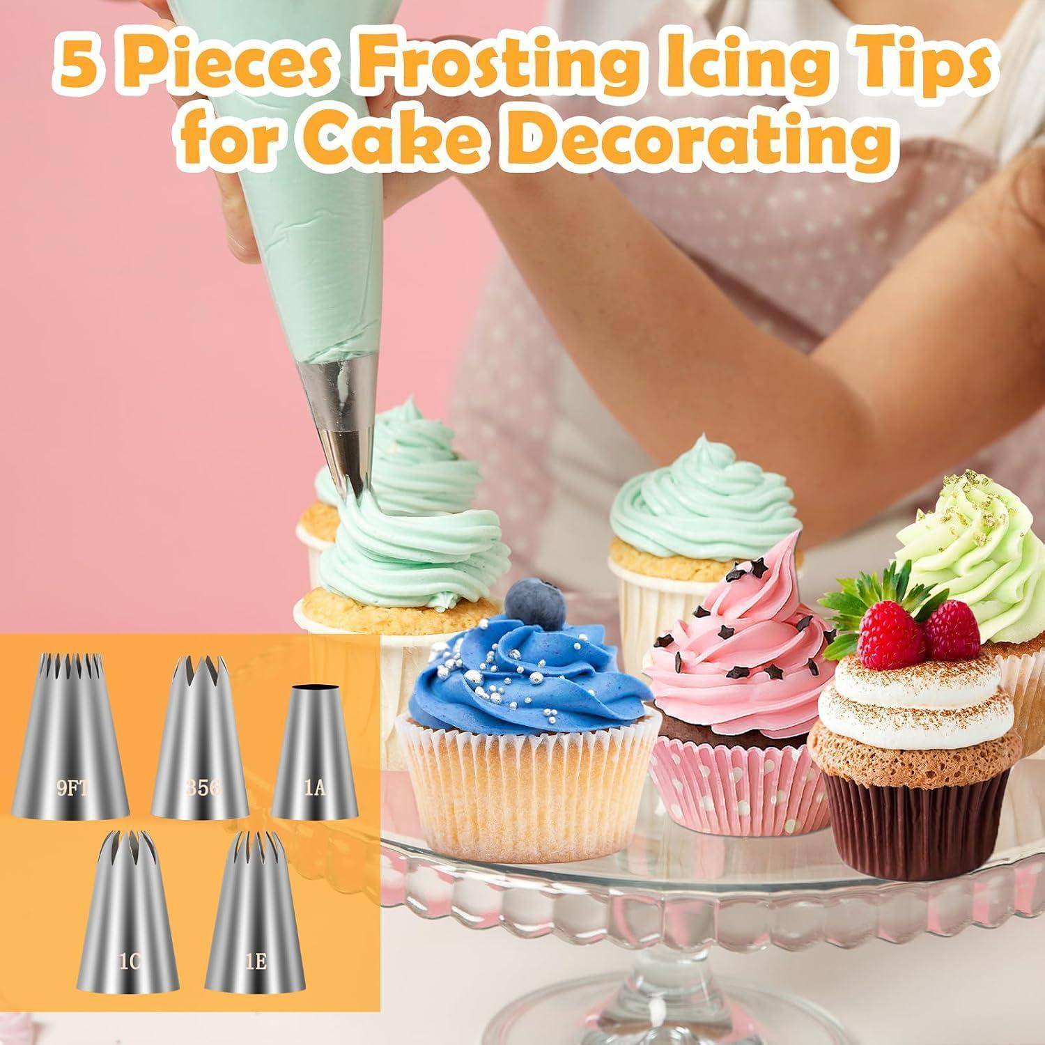 Infografik mit 5 Tipps zum Verzieren von Kuchen mit Zuckerguss, mit Beispielen zum Verzieren von Cupcakes und beschrifteten Tüllformen 9F, 5, 1A, 10 und 1B.