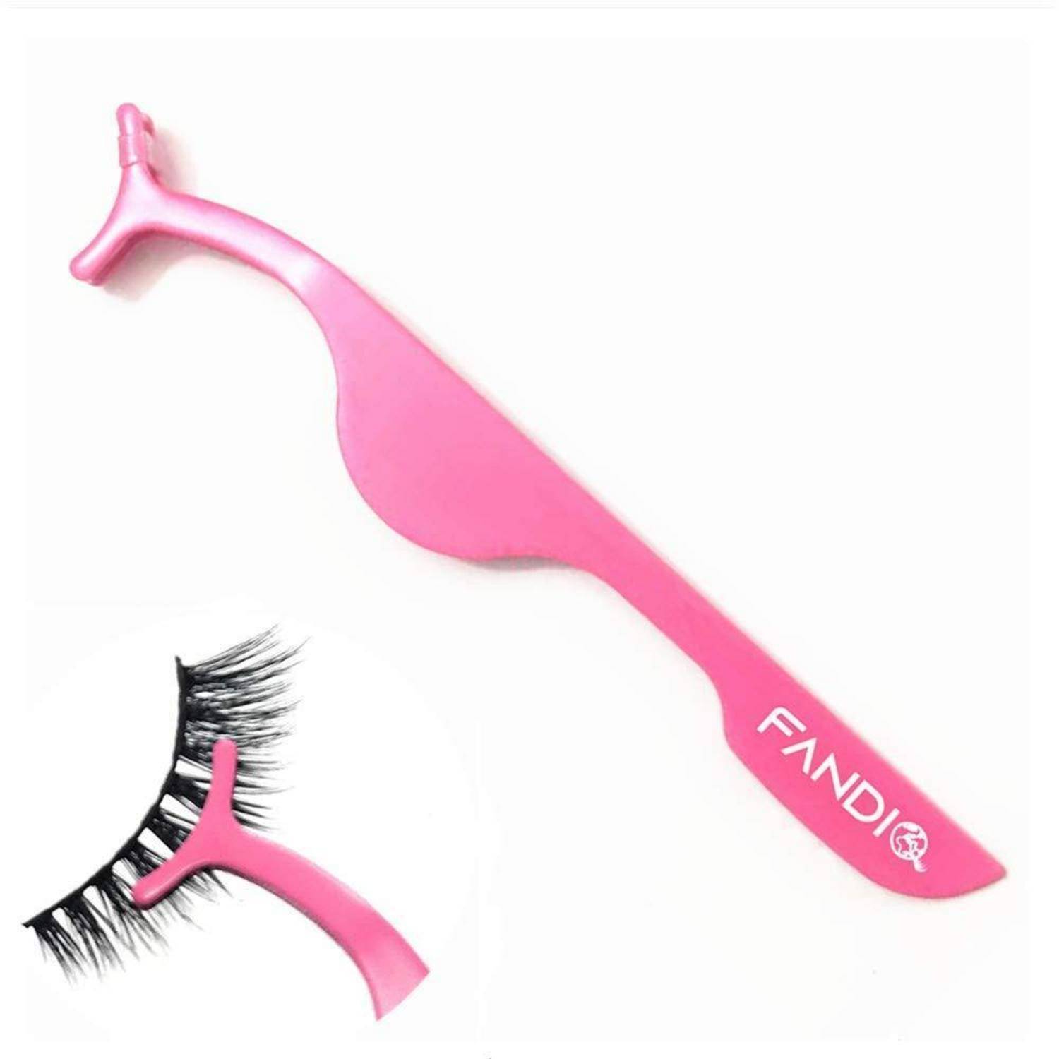 Pink FANDI Wimpernapplikator-Tool mit einer Nahaufnahme von falschen Wimpern auf der linken Seite, gezeigt auf weißem Hintergrund.