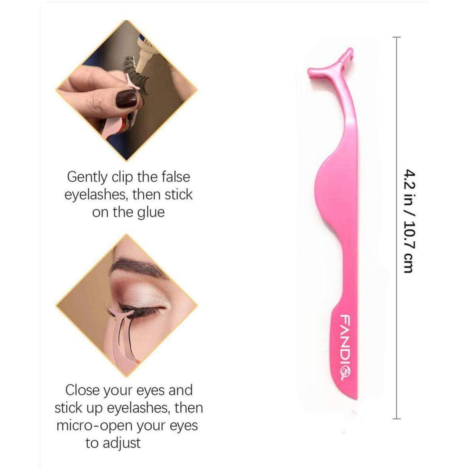 Rosa Wimpernapplikator-Tool, gezeigt mit zwei Schrittfotos, die sanftes Anbringen von künstlichen Wimpern, Auftragen von Kleber und anschließendes Platzieren und Anpassen der Wimpern demonstrieren; Größe mit 4,2 Zoll/10,7 cm gekennzeichnet.