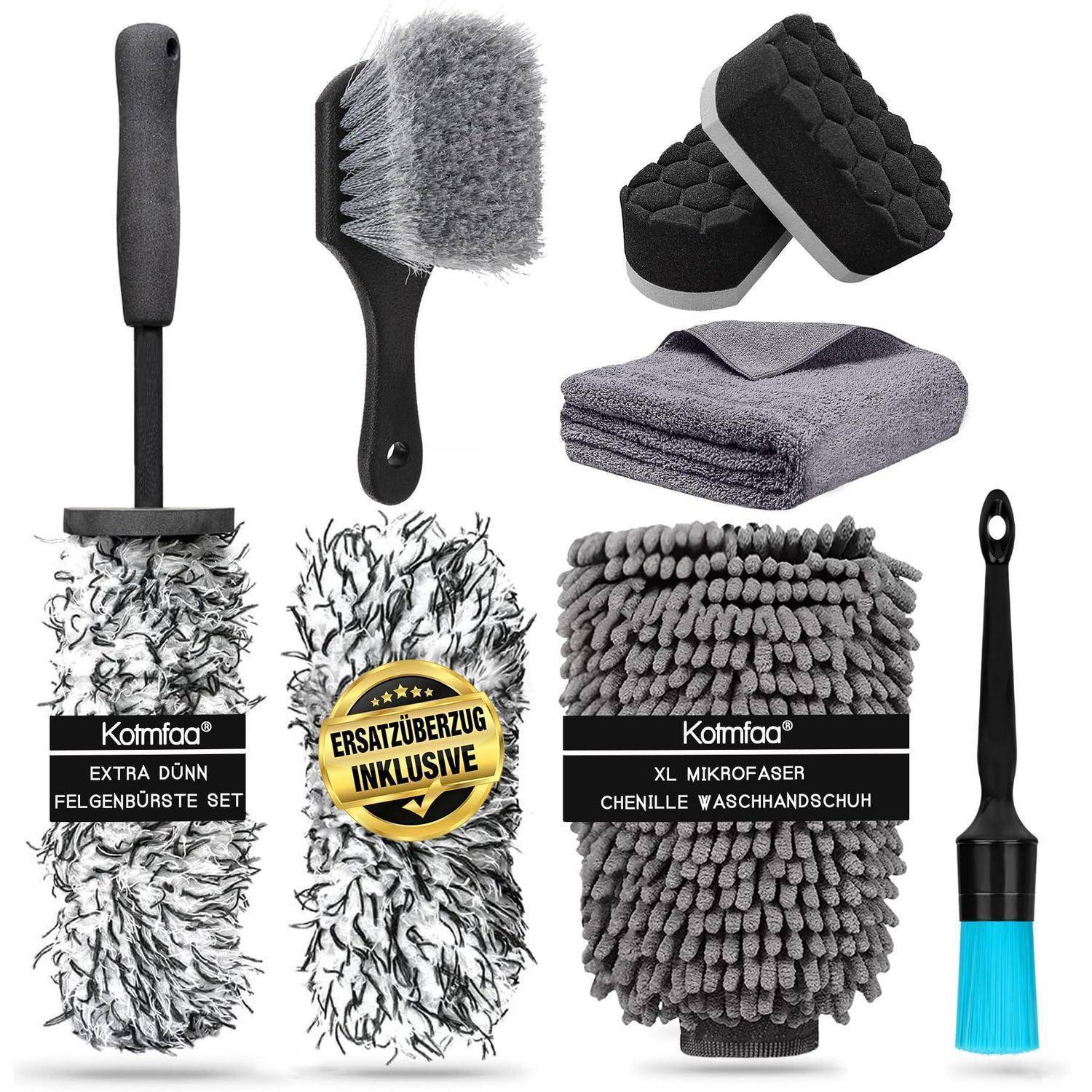 Collage von Autowaschmitteln: Felgenbürsten, Detaillierungsbürsten, Mikrofaser-Waschhandschuh, Pads und Tücher auf weißem Hintergrund.